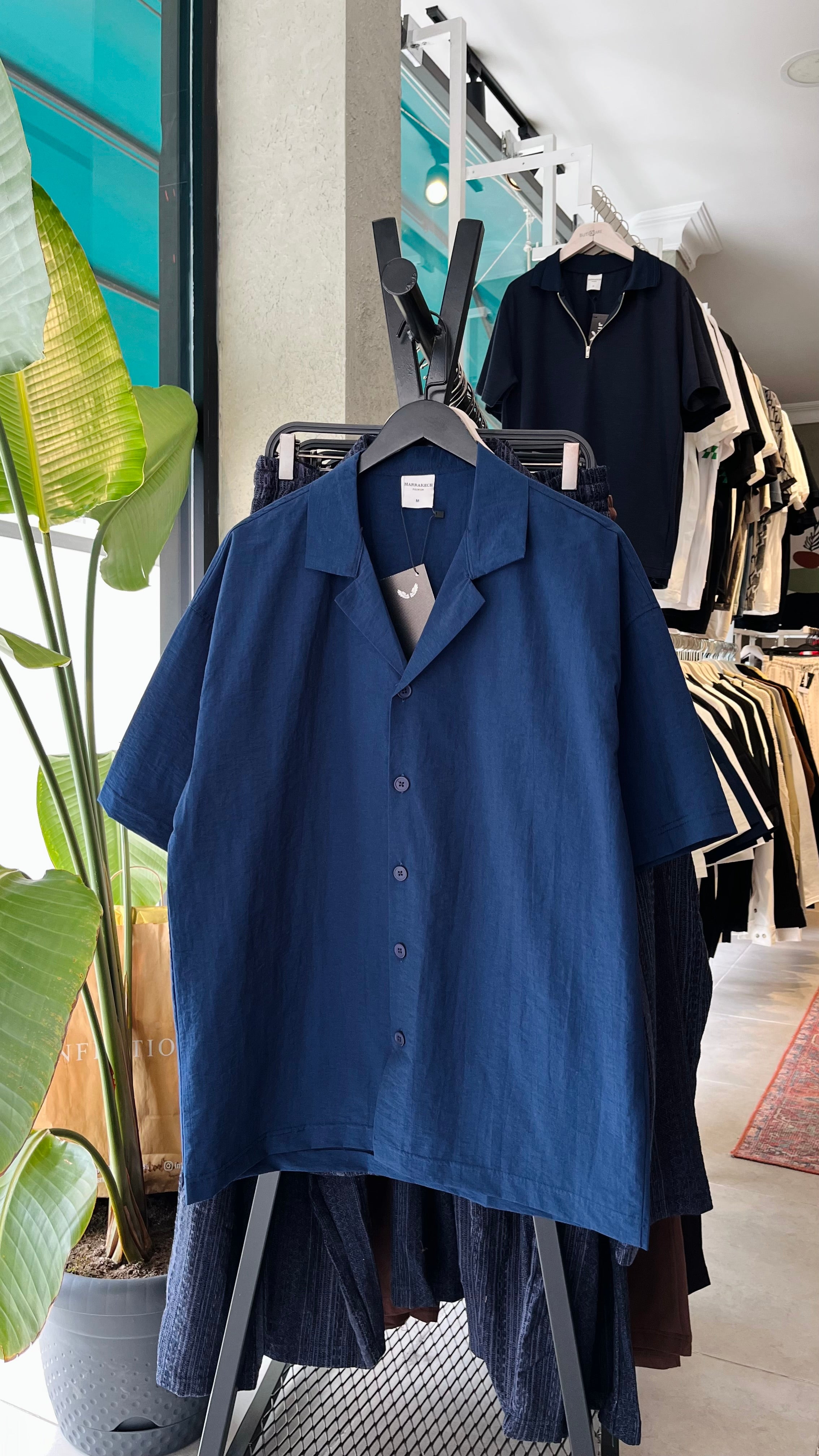Oversize Lacivert Apaş Yaka Kısa Kollu Gömlek - Lacivert 5369