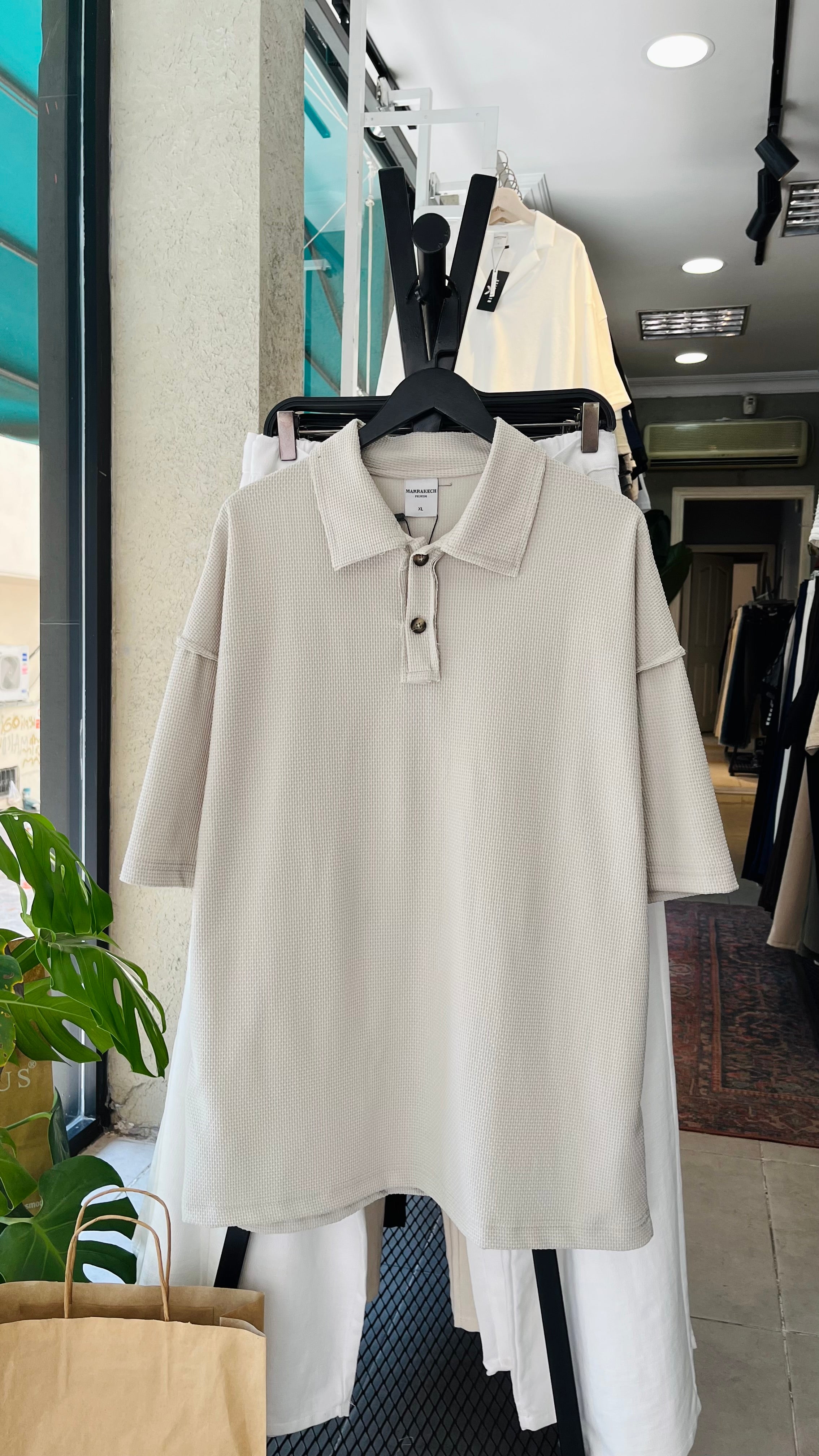 Oversize Bej Yakalı Tshirt – Bej 9334