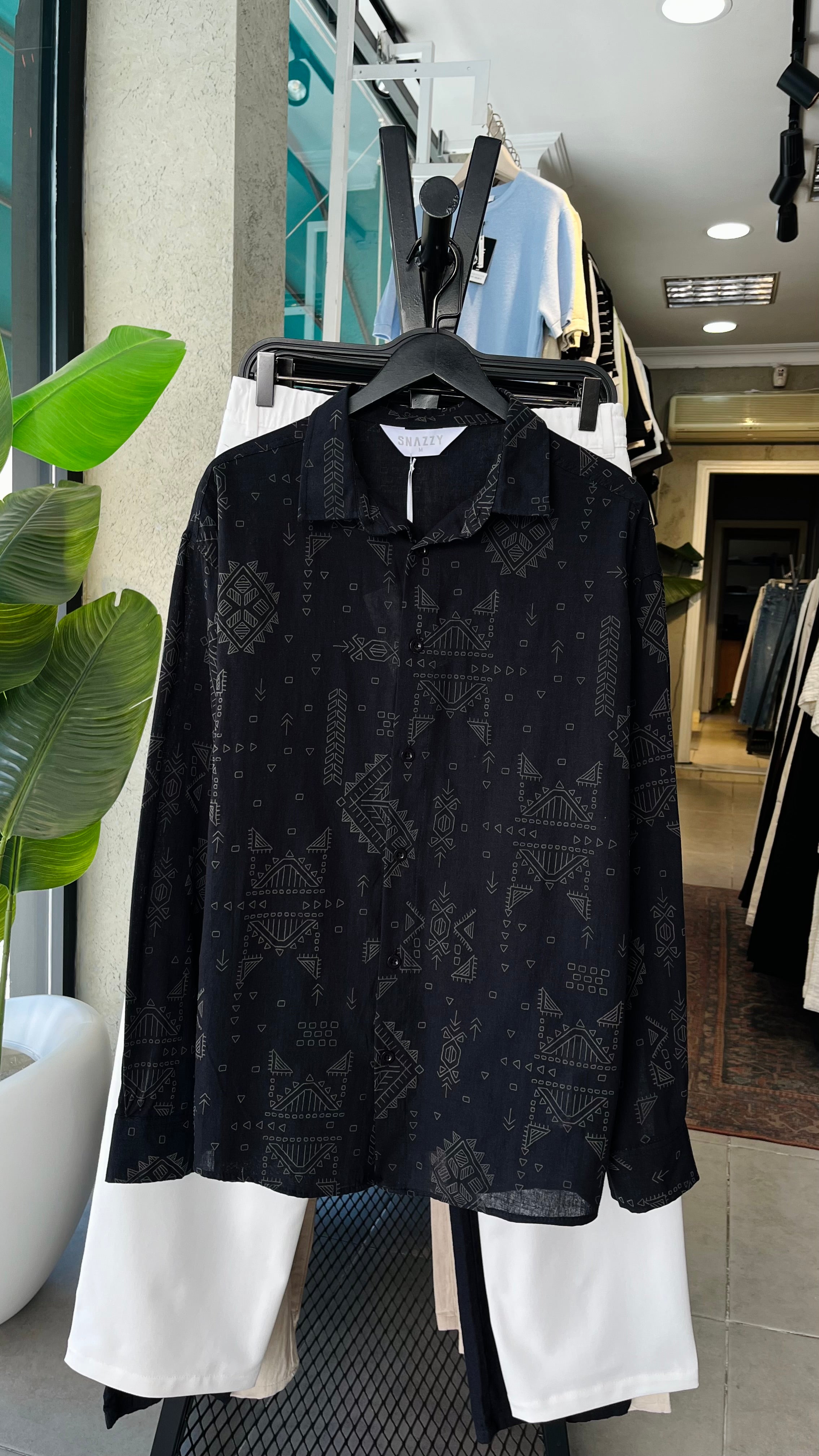 Oversize Siyah Desenli Uzun Kollu Gömlek 5483