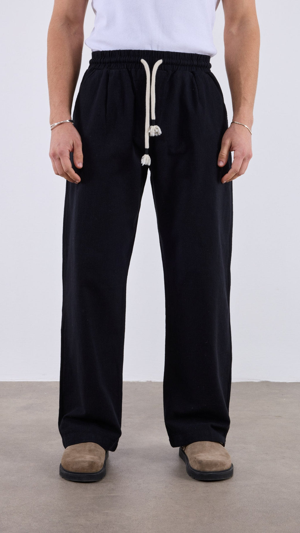 Baggy Halat İp Detaylı Siyah Keten Pantolon 6216