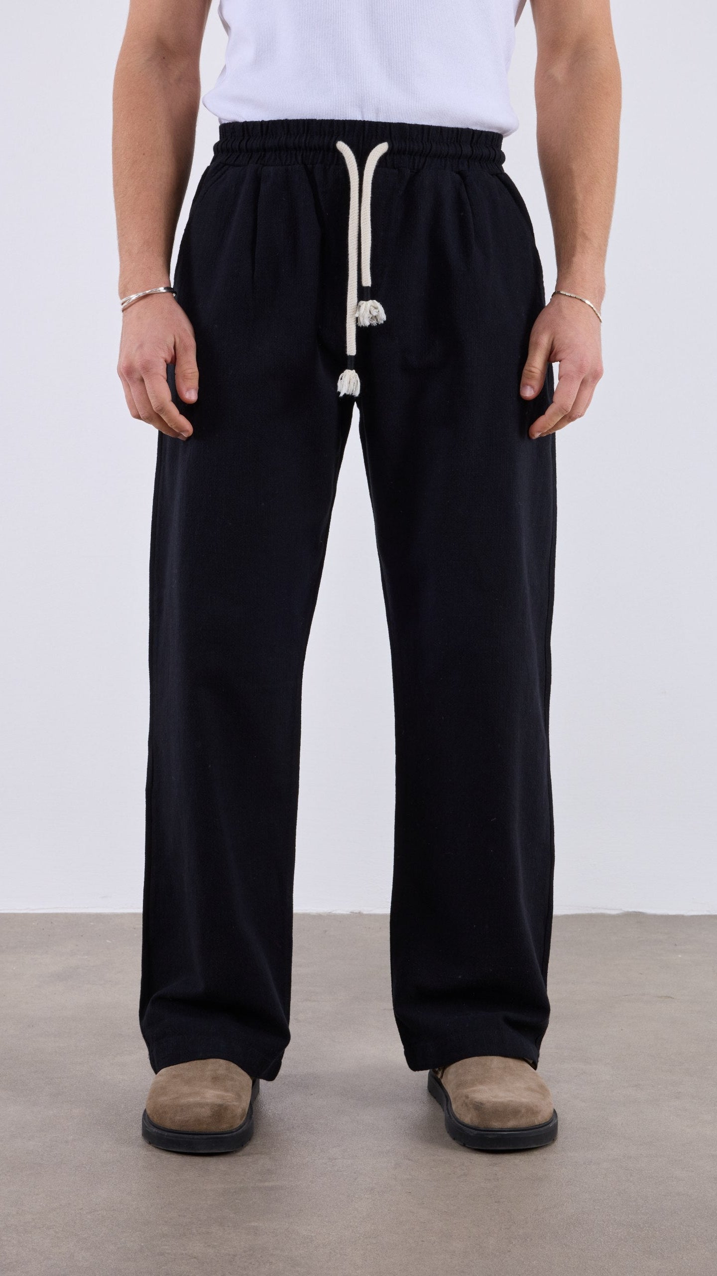 Baggy Halat İp Detaylı Siyah Keten Pantolon 6216