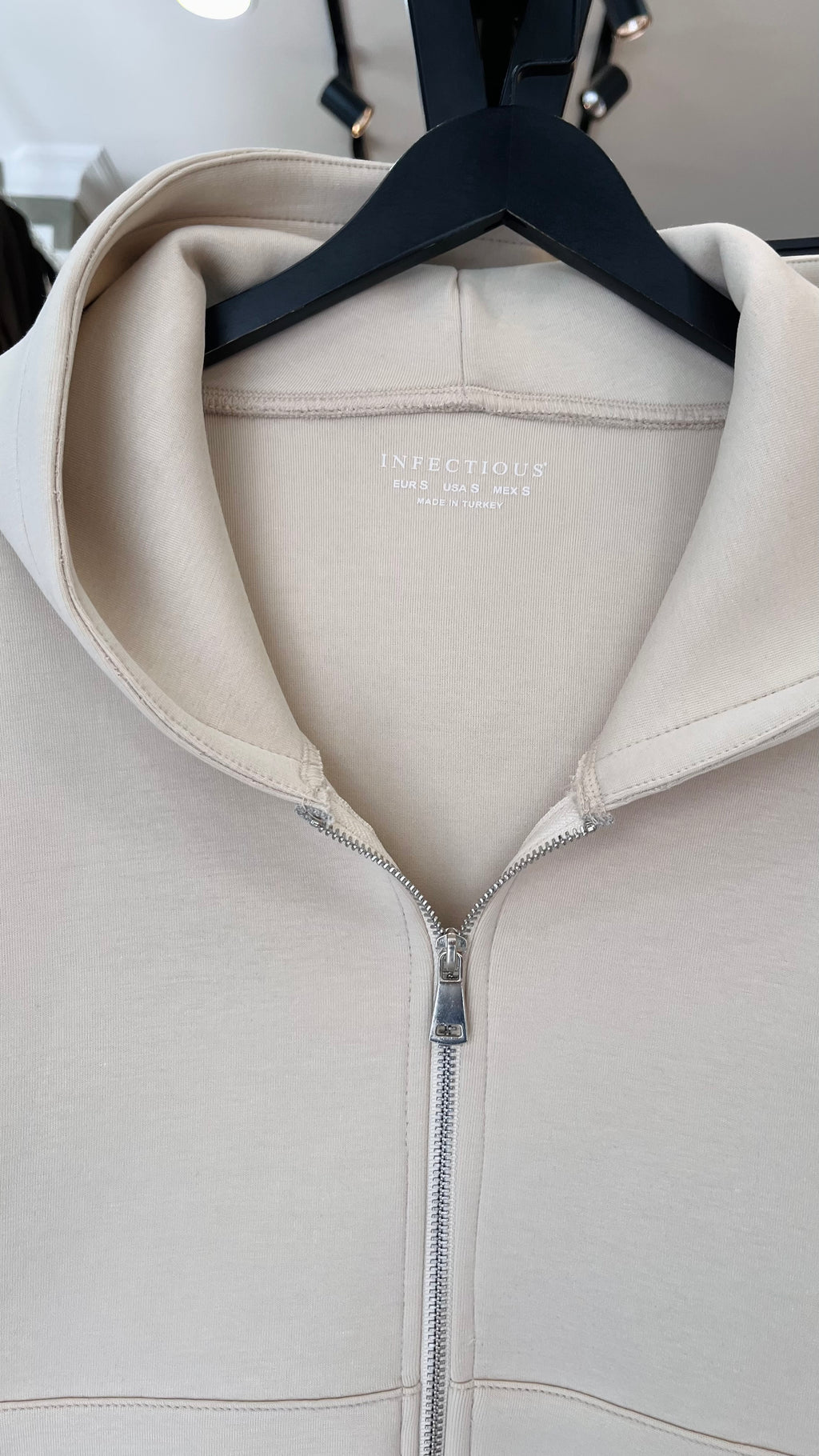 Oversize Panda Kumaş Çift Fermuarlı Kapüşonlu Bej Sweatshirt 5112