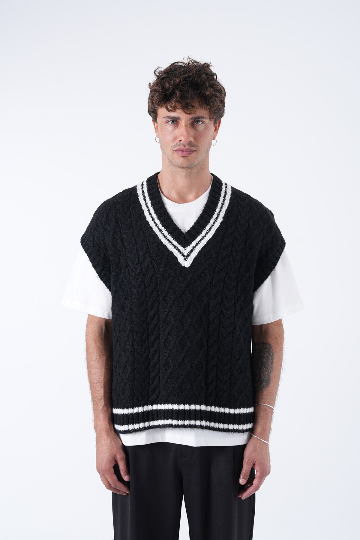 Oversize Çift Renk Siyah Triko Süveter 7003