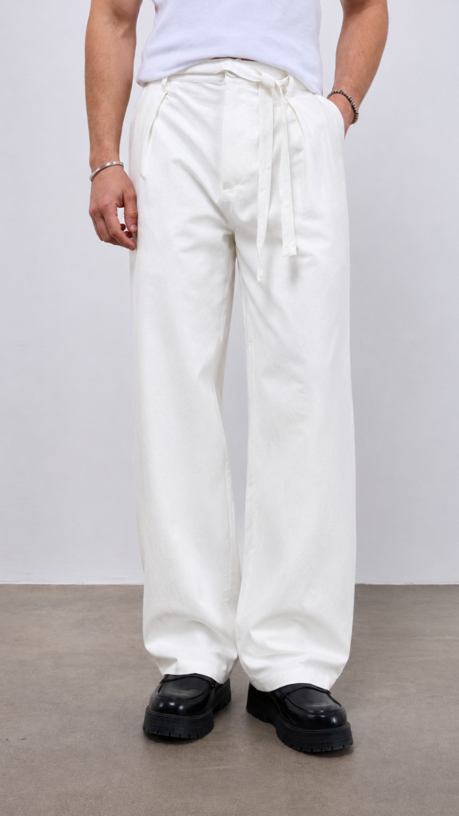 Baggy Kuşak Detaylı Beyaz Keten Pantolon 6207