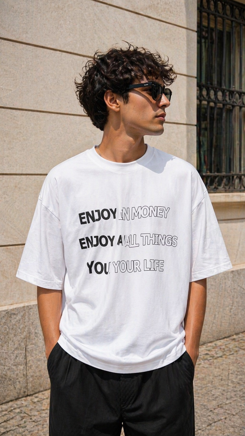 Oversize Beyaz Enjoy Nakış Detaylı Tshirt – Beyaz 9304