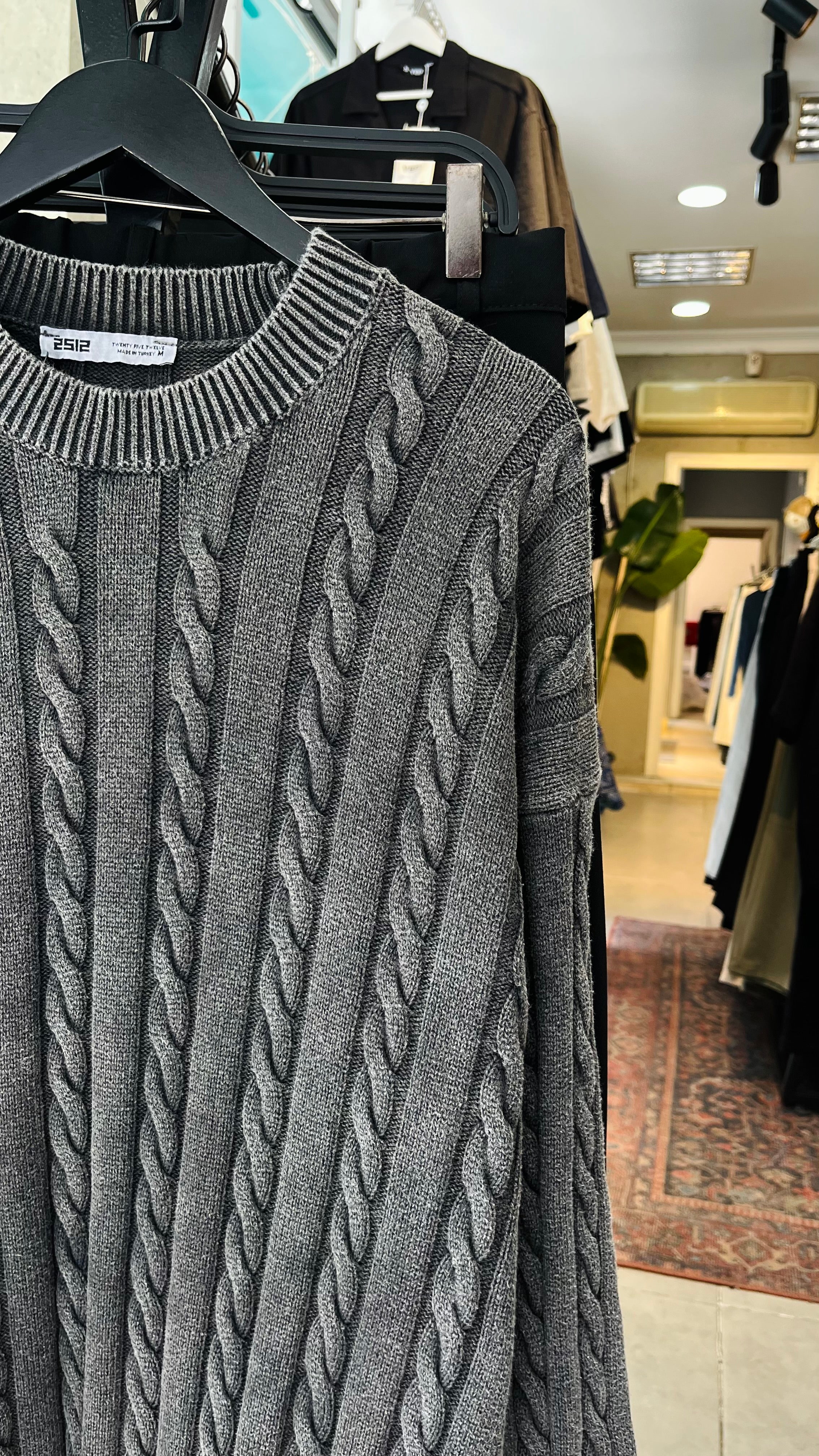 Oversize Örgü Desenli Yıkamalı Siyah Triko 7006