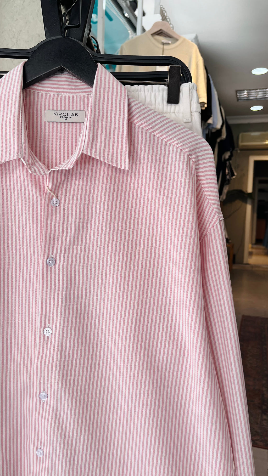 Oversize Pembe Beyaz Çizgili Uzun Kollu Gömlek 5496