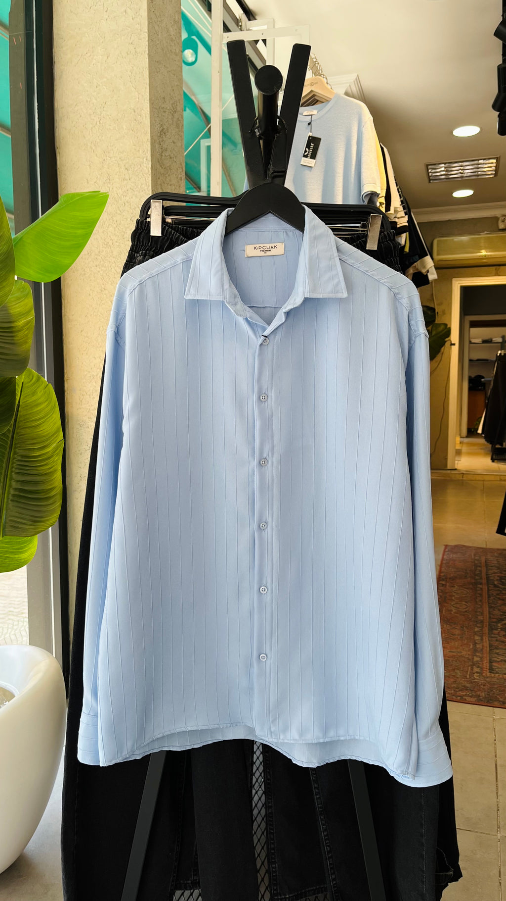 Oversize Bebe Mavisi Kendiliğinden Desenli Gömlek 5474