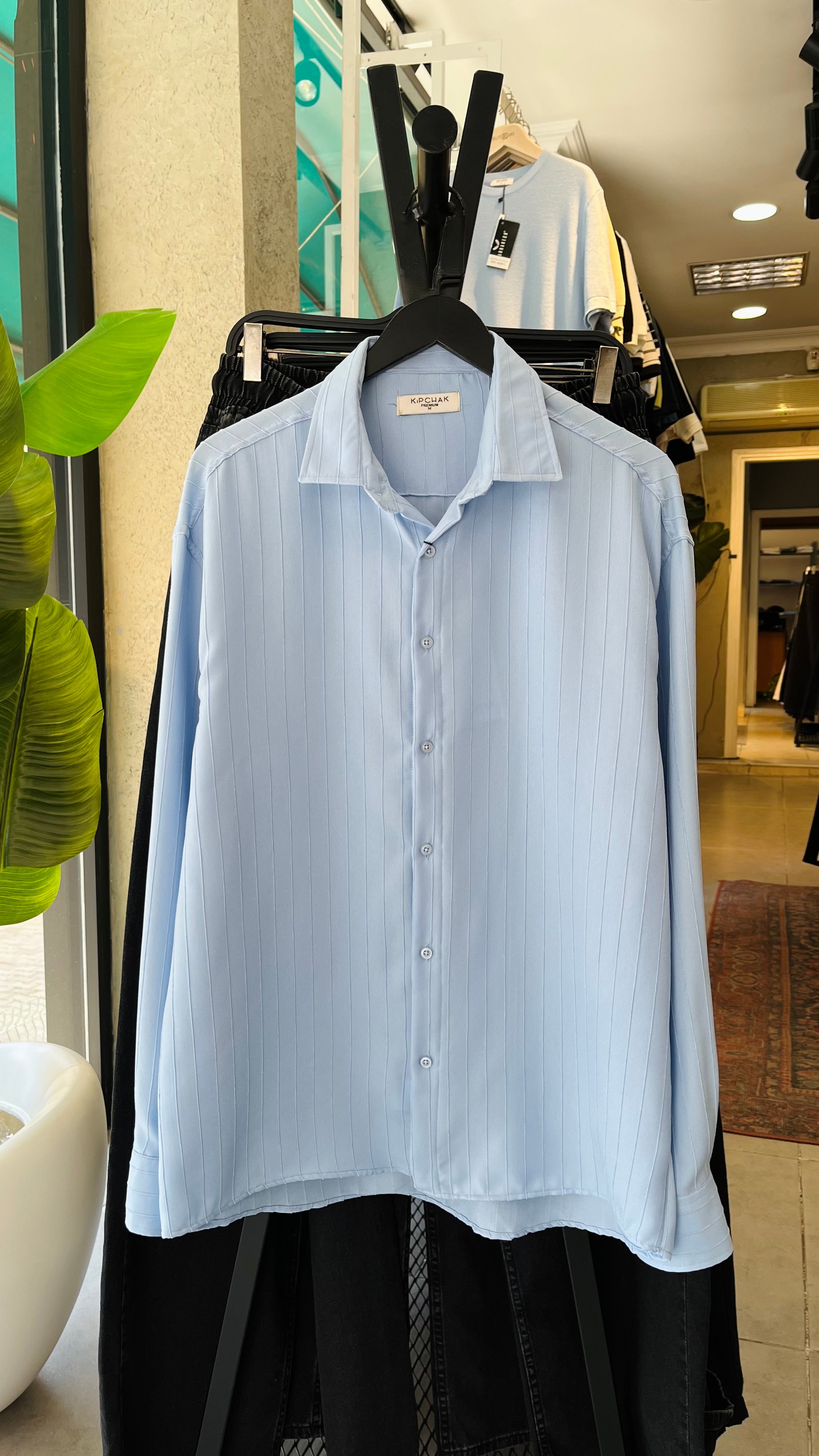 Oversize Bebe Mavisi Kendiliğinden Desenli Gömlek 5474
