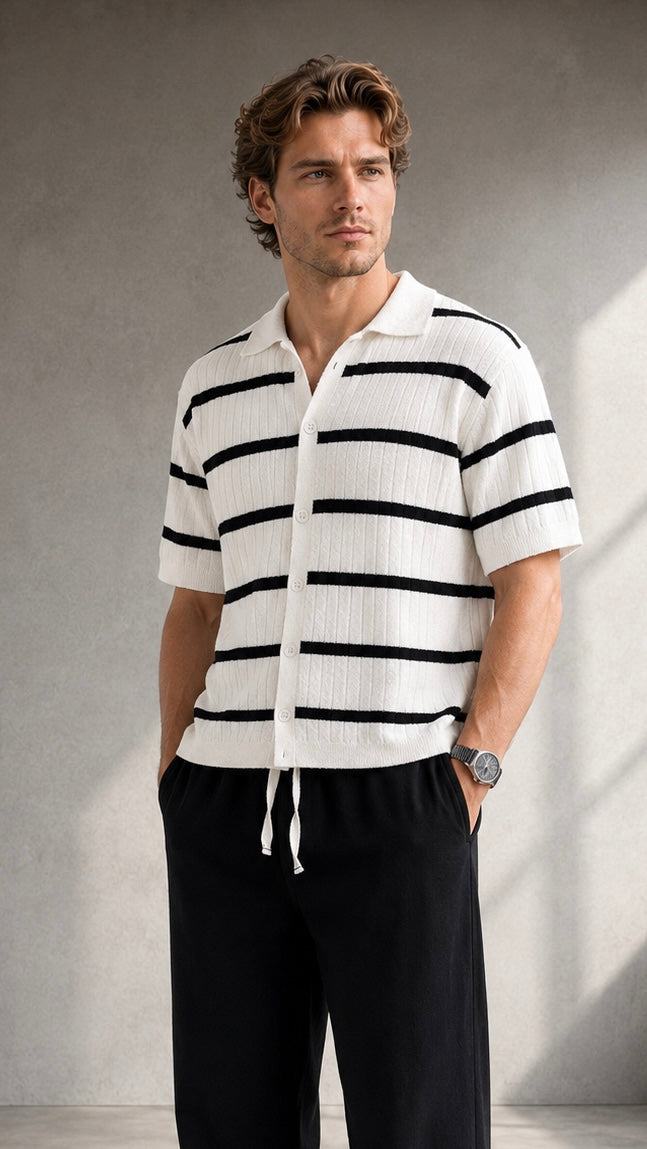 Siyah Çizgili Kısa Kollu Beyaz Triko Tshirt 5507