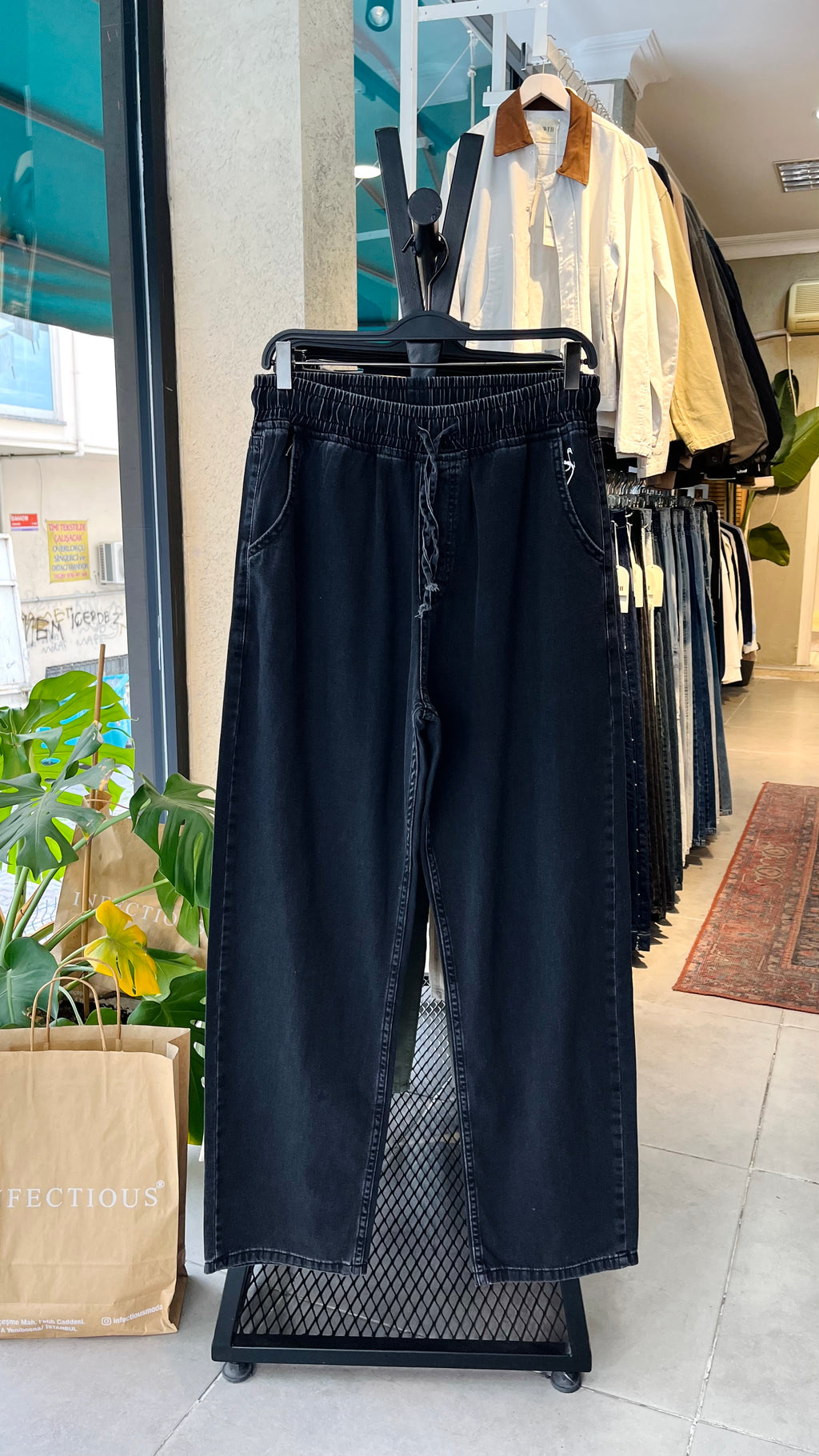 Baggy Siyah Yıkamalı Gabardin Pantolon 6164