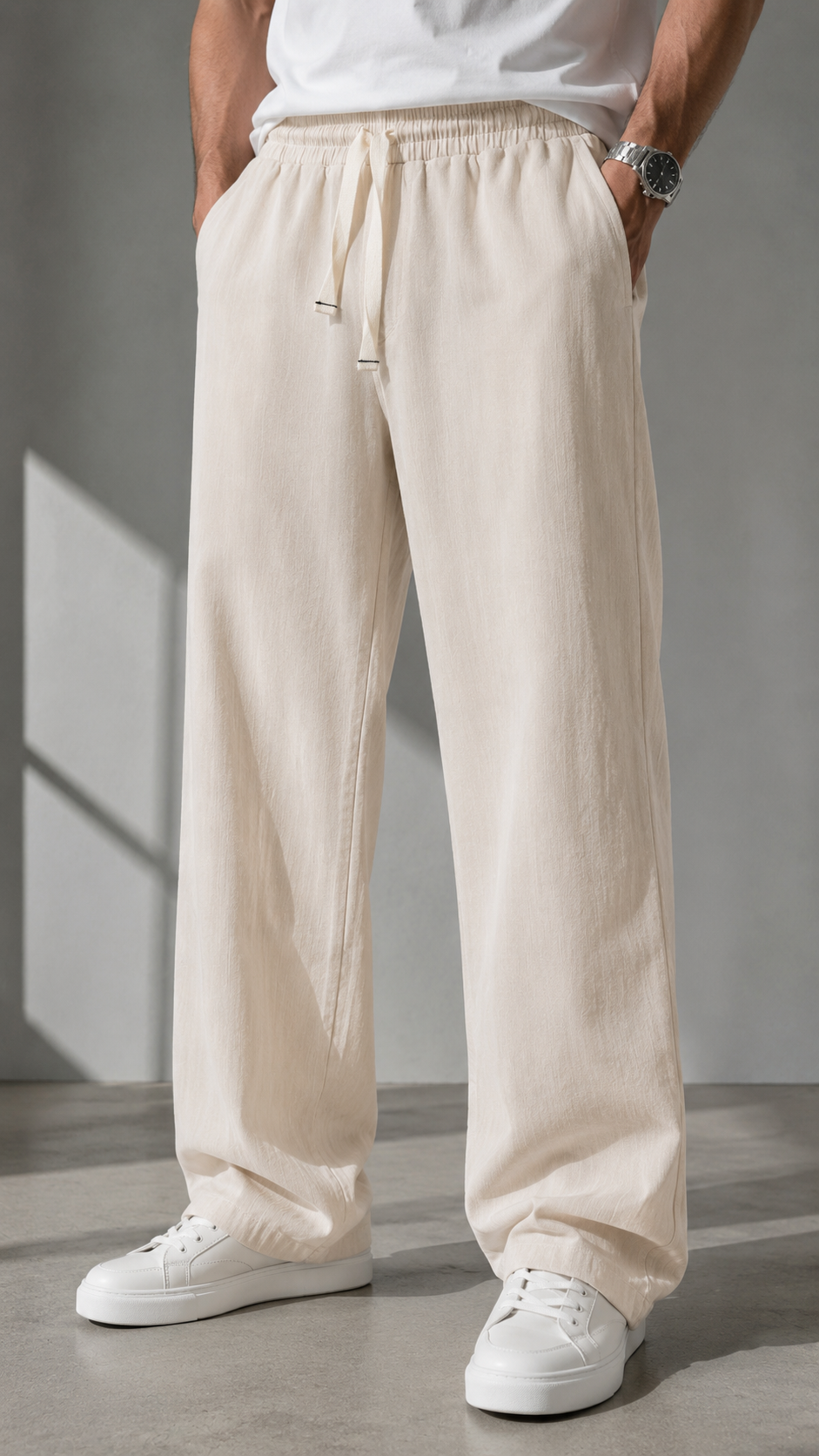 Baggy Nakış Detaylı Bej Keten Pantolon 6223