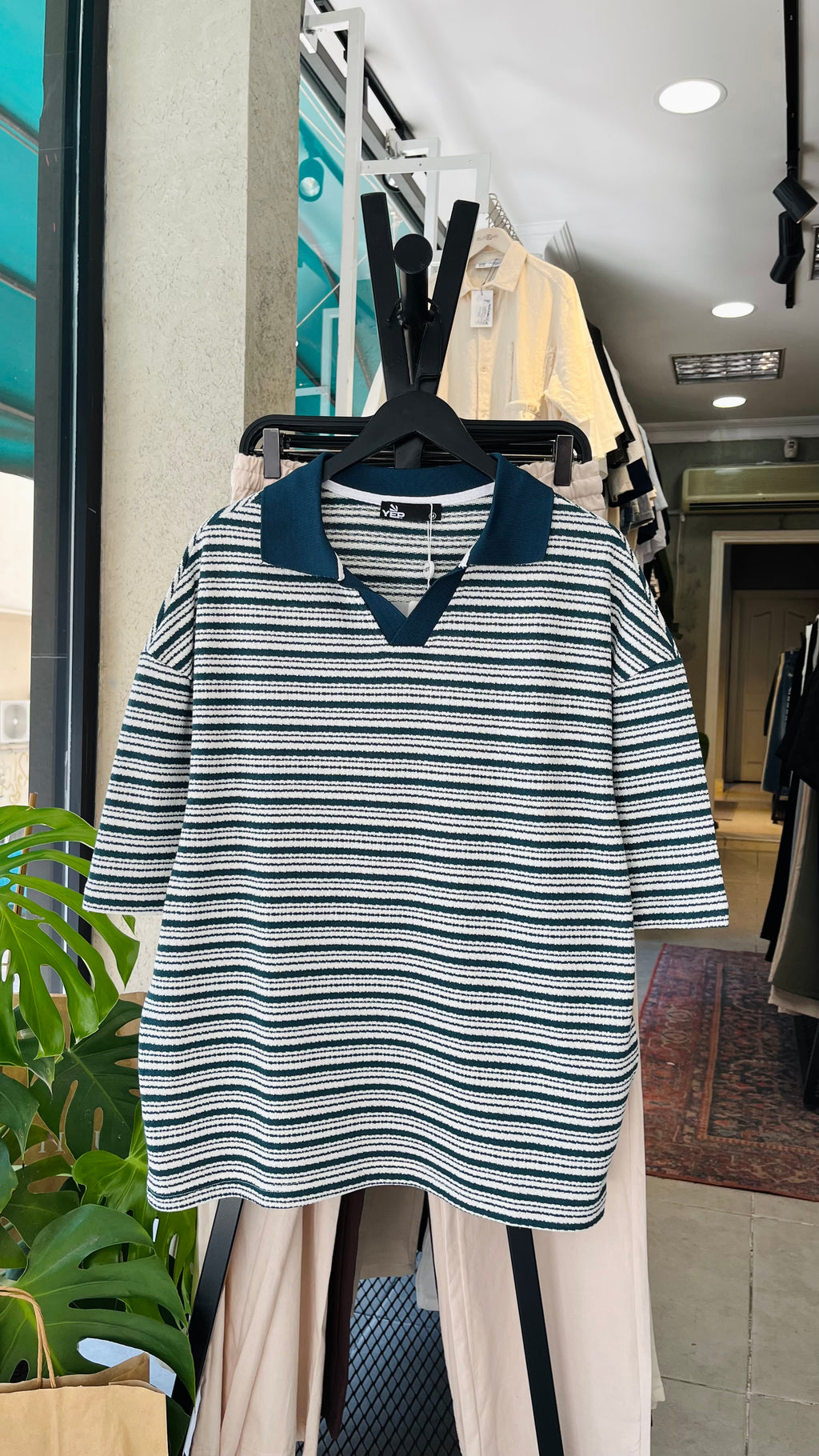 Oversize Mavi Beyaz Yatay Çizgili Yakalı Tshirt – Mavi 9318