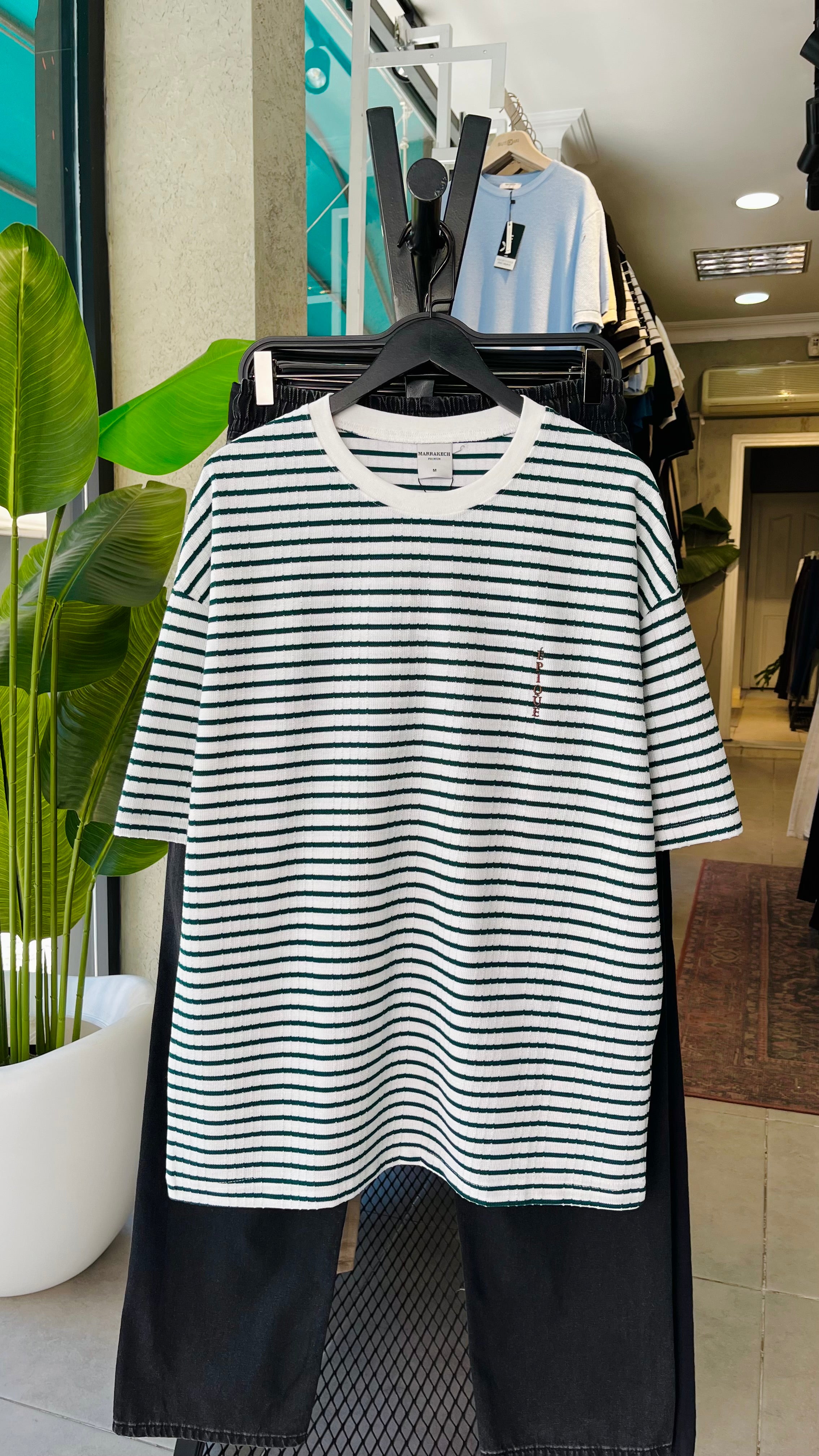 Oversize Beyaz Yeşil Çizgili Tshirt 9399