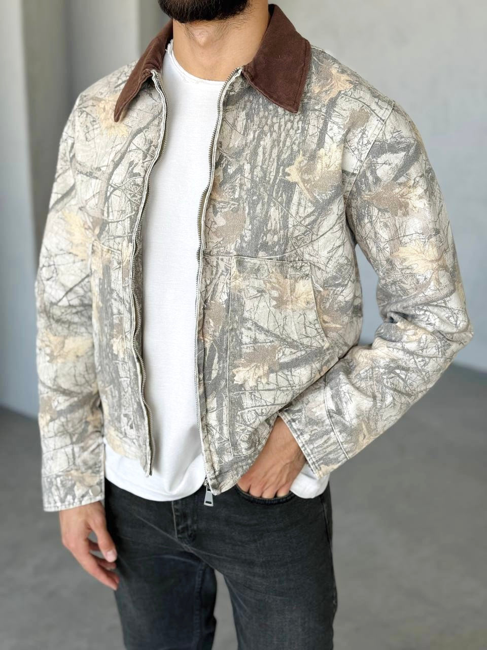 Desenli Yakası Kahverengi Gabardin Ceket 2038