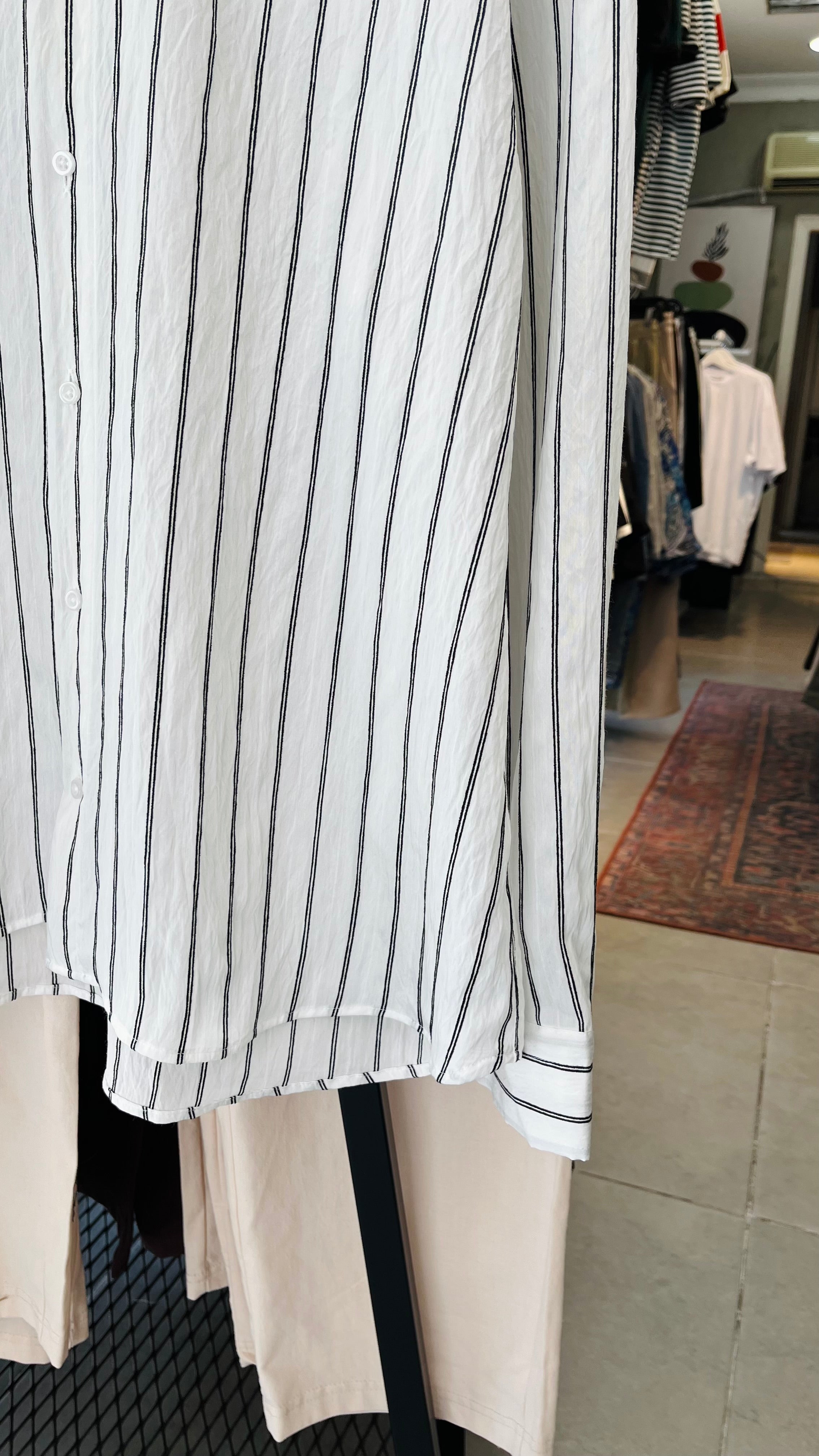 Oversize Siyah Çizgili Beyaz Gömlek - Beyaz 5394