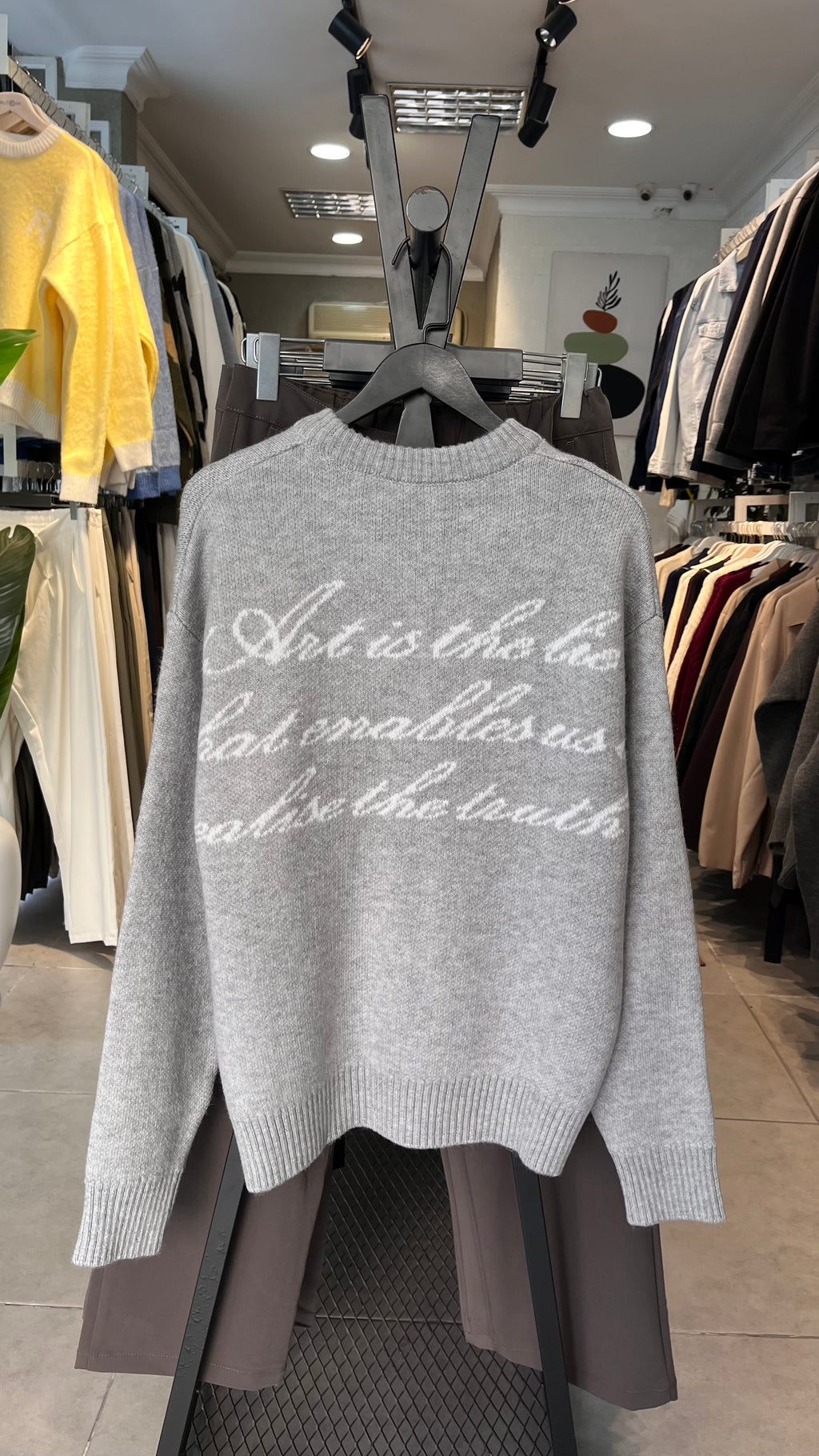 Oversize Art Life Ön ve Sırt Yazılı Gri Triko Kazak 5141
