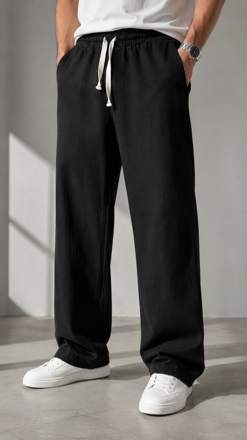 Baggy Nakış Detaylı Siyah Keten Pantolon 6221