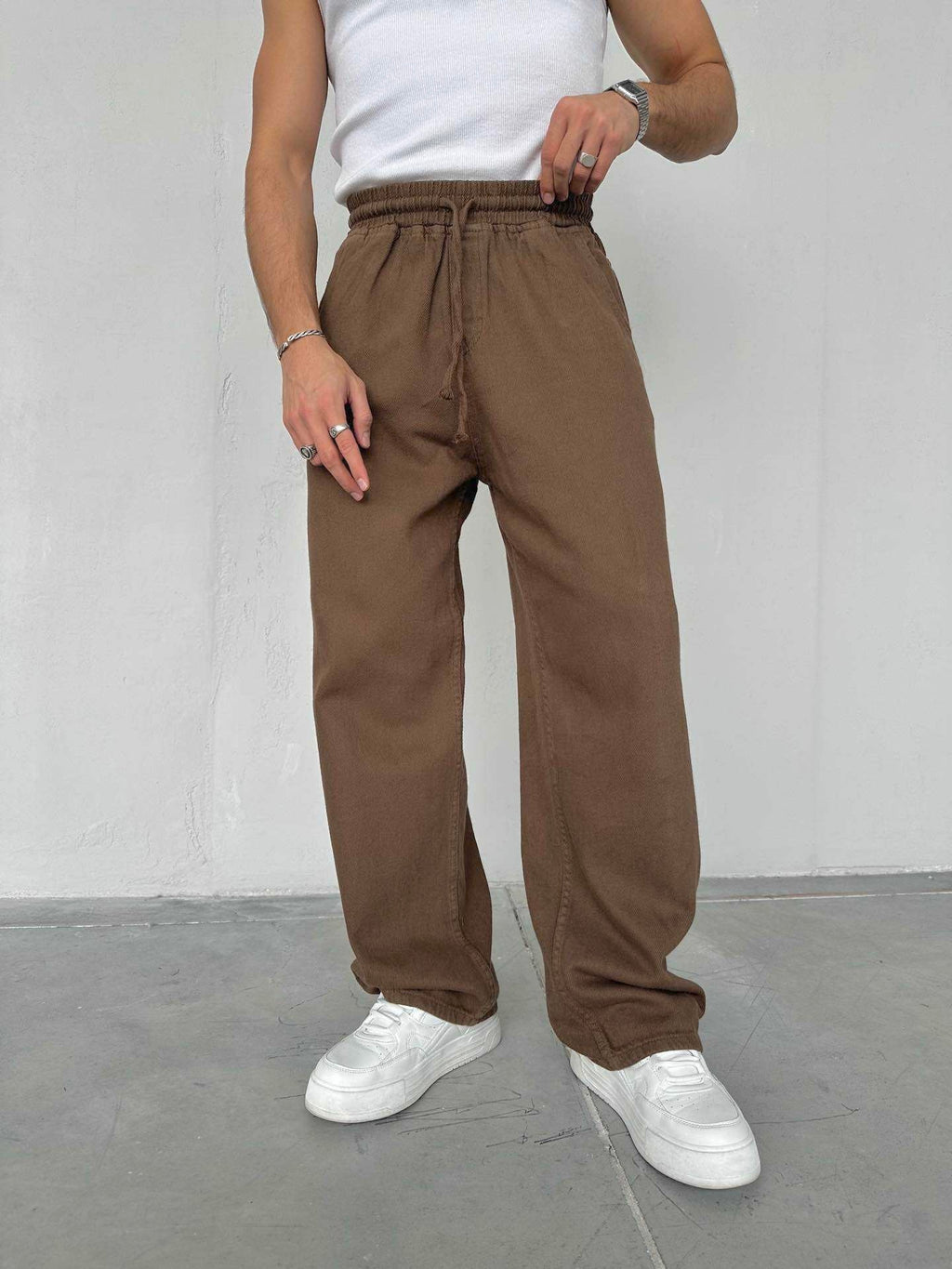 Baggy Ekstra Bol Kahverengi Gabardin Pantolon - Kahverengi 6147