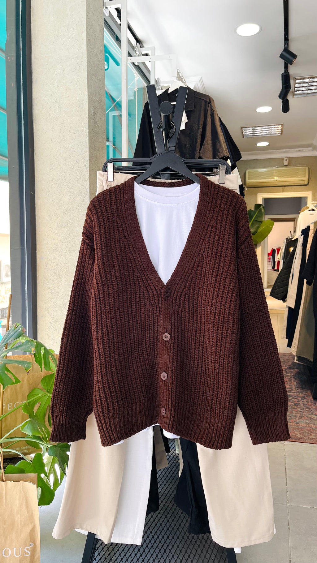 Oversize Kahverengi Örme Hırka 7007