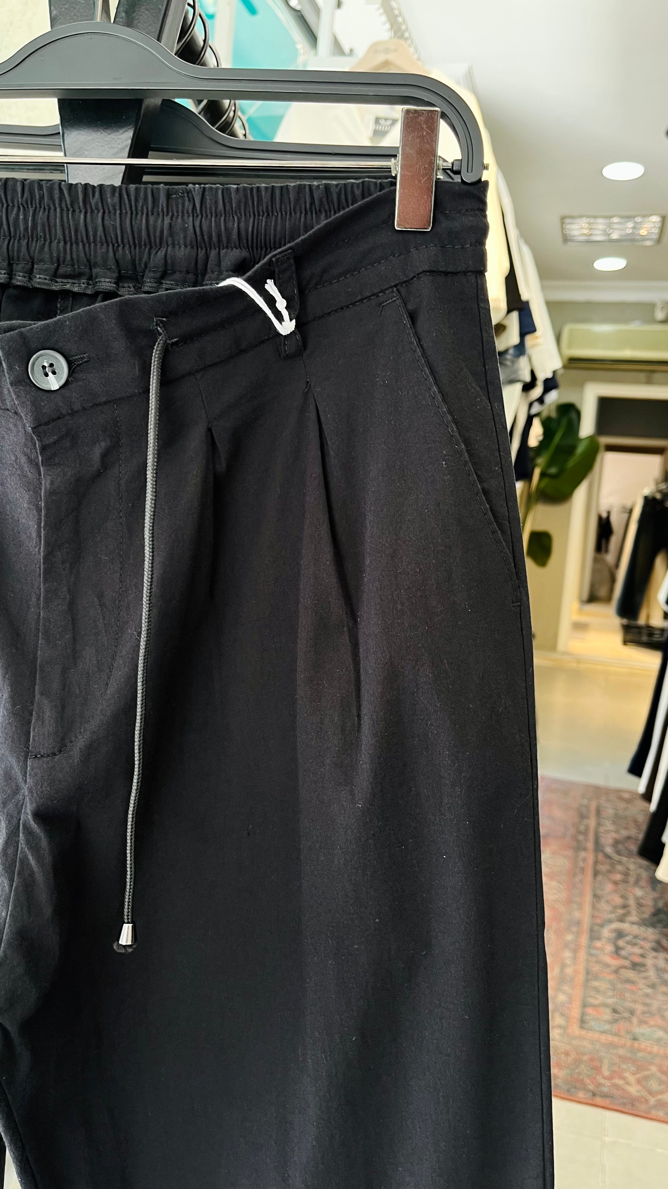 Baggy Siyah Düğmeli ve İpli Likralı Pantolon - Siyah 6140