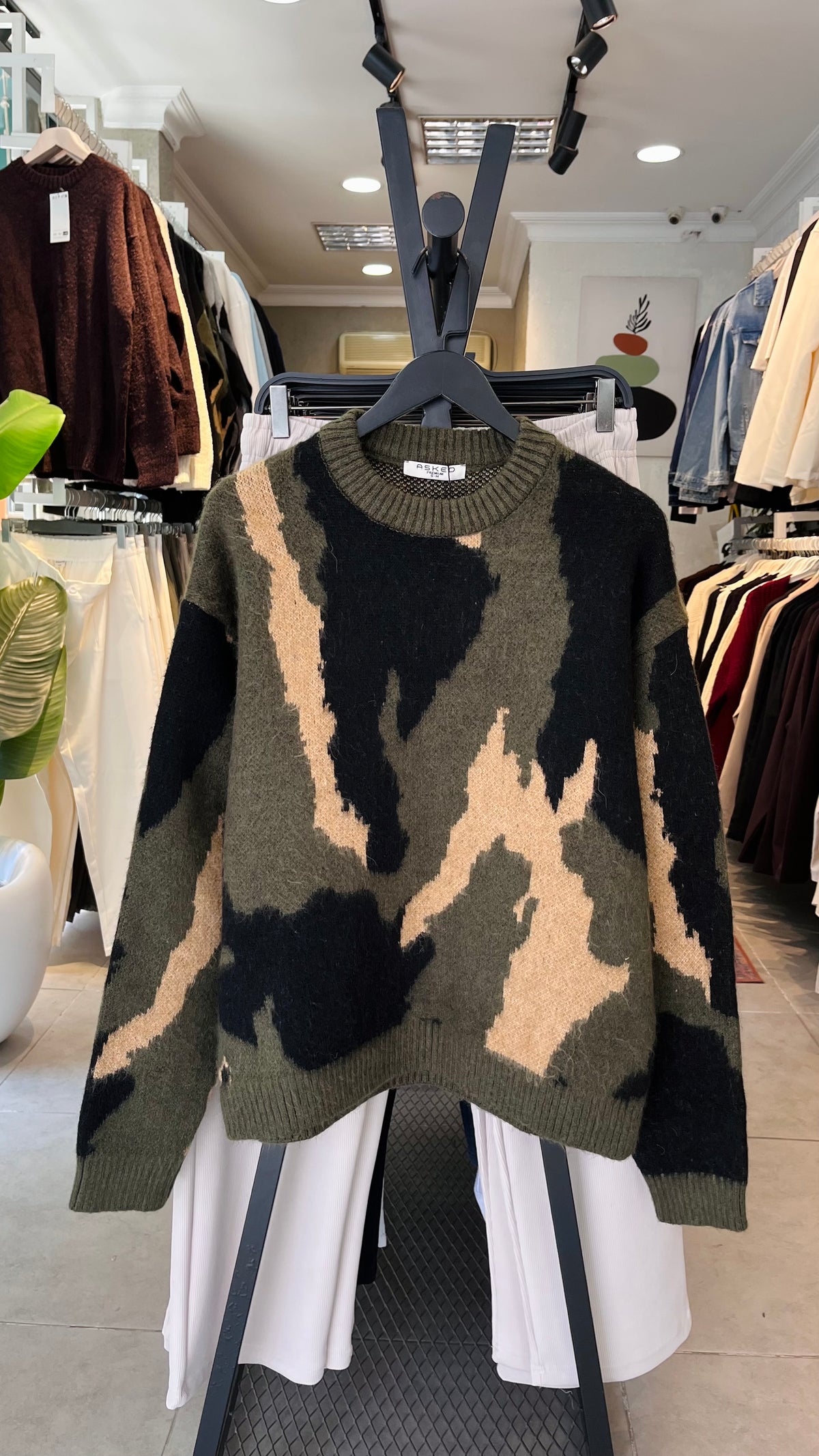 Oversize Haki Kamuflaj Desenli Triko Kazak 5118