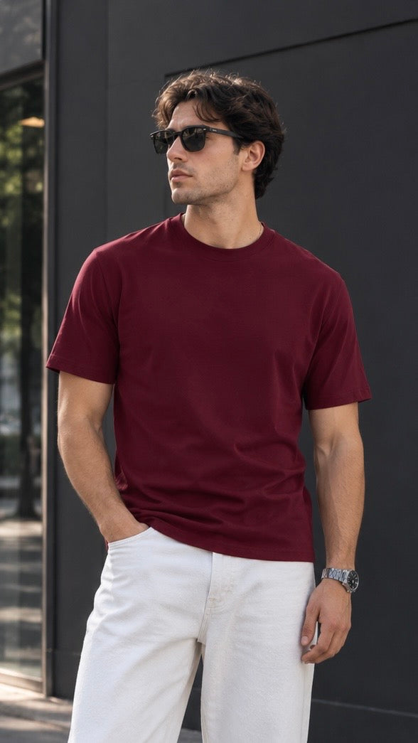 Bordo Likralı Basic Tshirt 9443