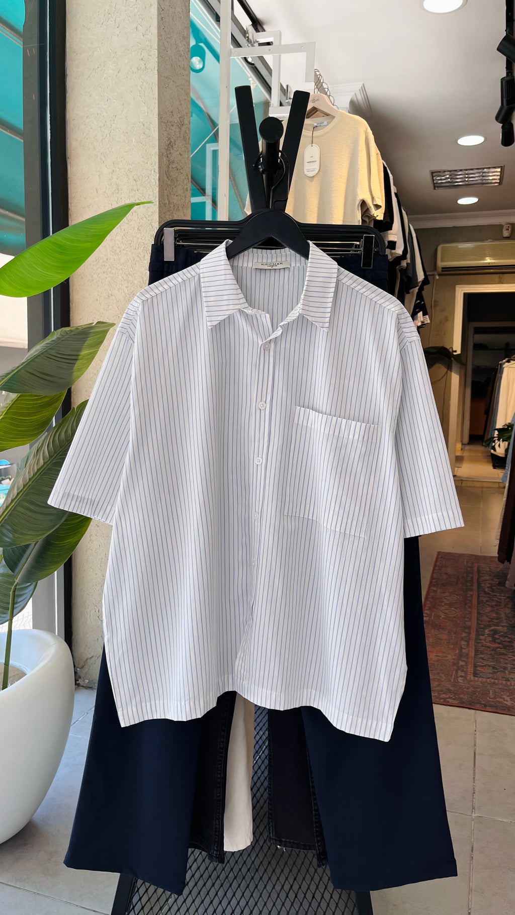 Oversize Mavi Çizgili Beyaz Kısa Kollu Gömlek 5503
