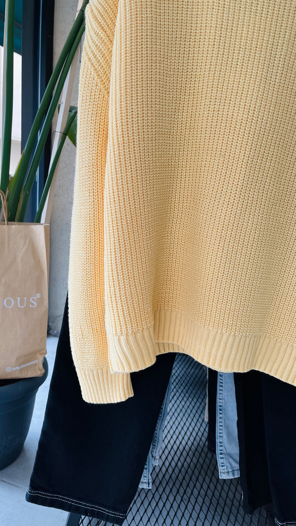 Oversize Dökümlü Fitilli Sarı Triko Kazak 7047