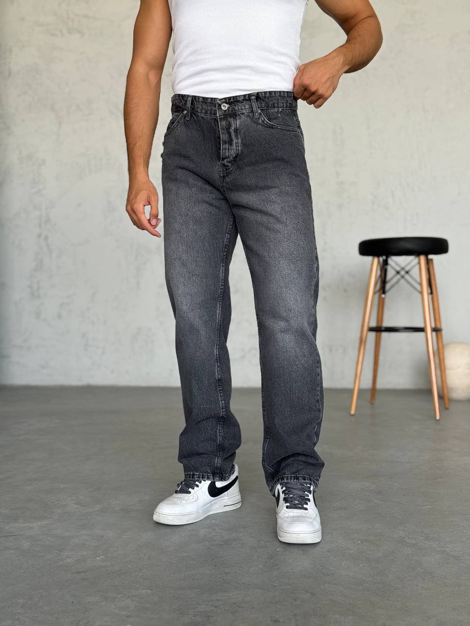 Baggy Koyu Gri Yırtık Detaylı Jean 3325
