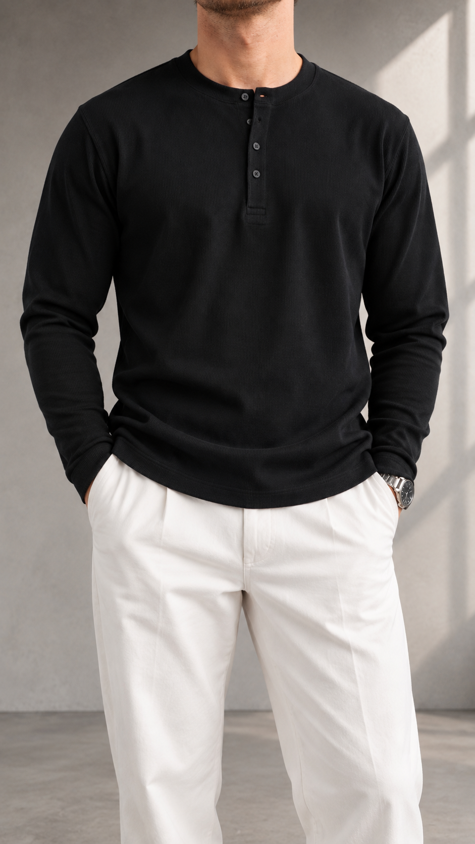 Henley yaka siyah düğmeli ince sweatshirt 5108