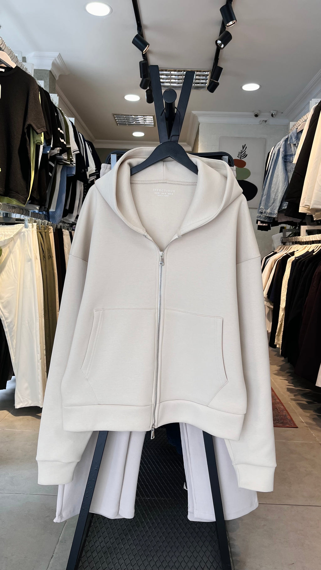 Oversize Panda Kumaş Çift Fermuarlı Kapüşonlu Bej Sweatshirt 5112