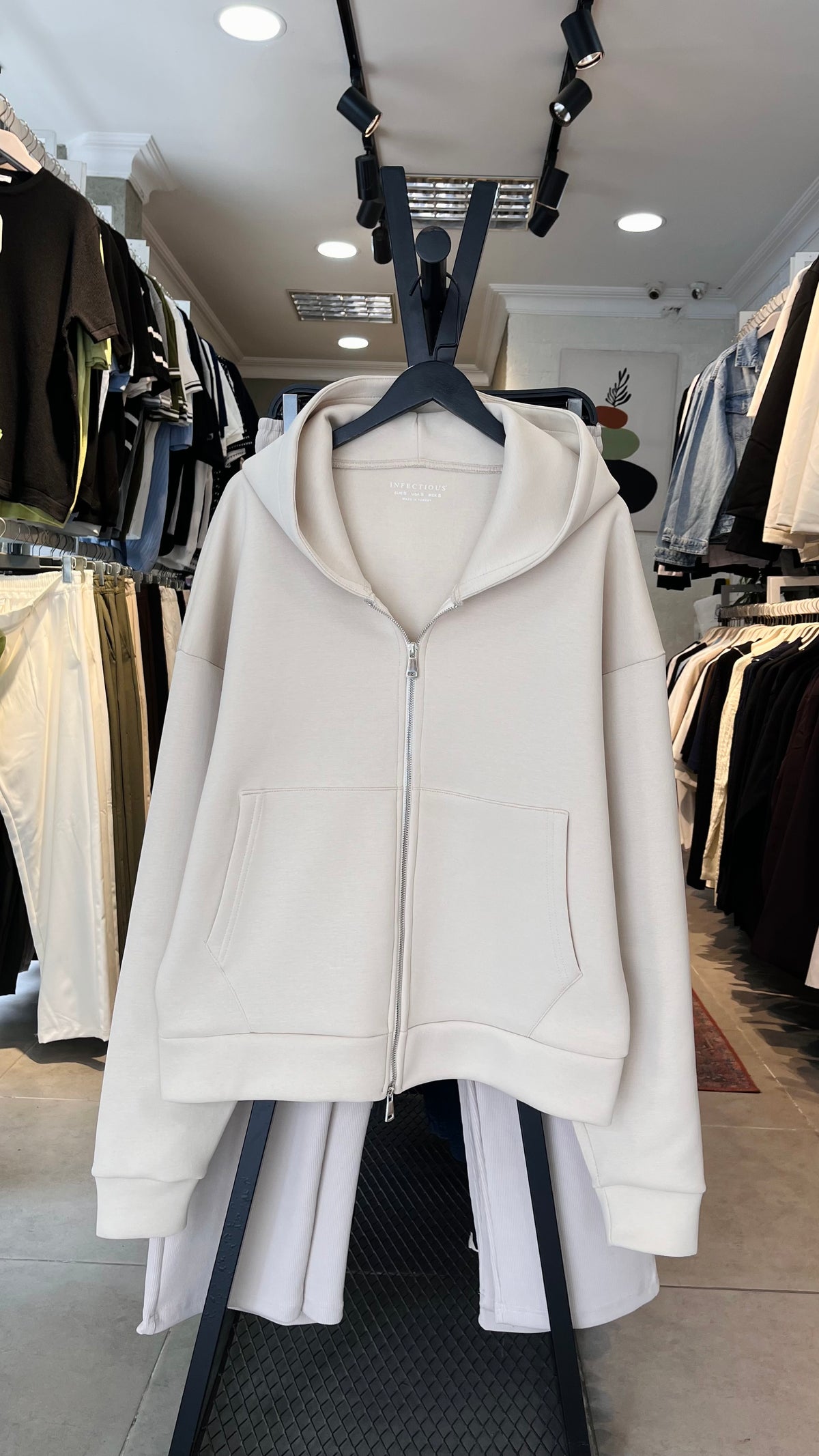 Oversize Panda Kumaş Çift Fermuarlı Kapüşonlu Bej Sweatshirt 5112