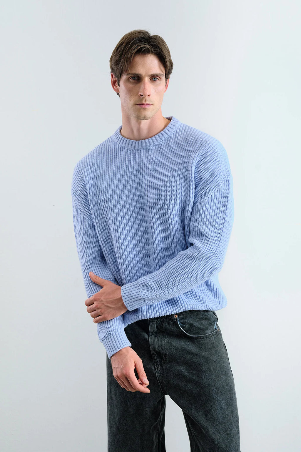 Oversize Dökümlü Fitilli Bebe Mavisi Triko Kazak 7050