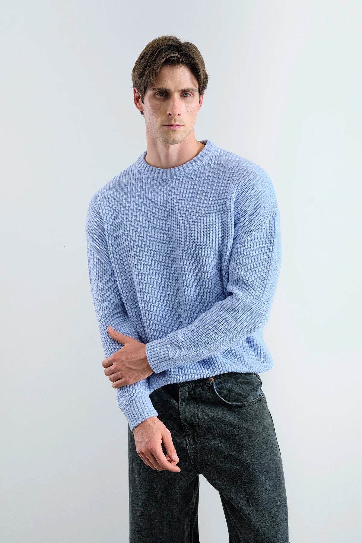 Oversize Dökümlü Fitilli Bebe Mavisi Triko Kazak 7050