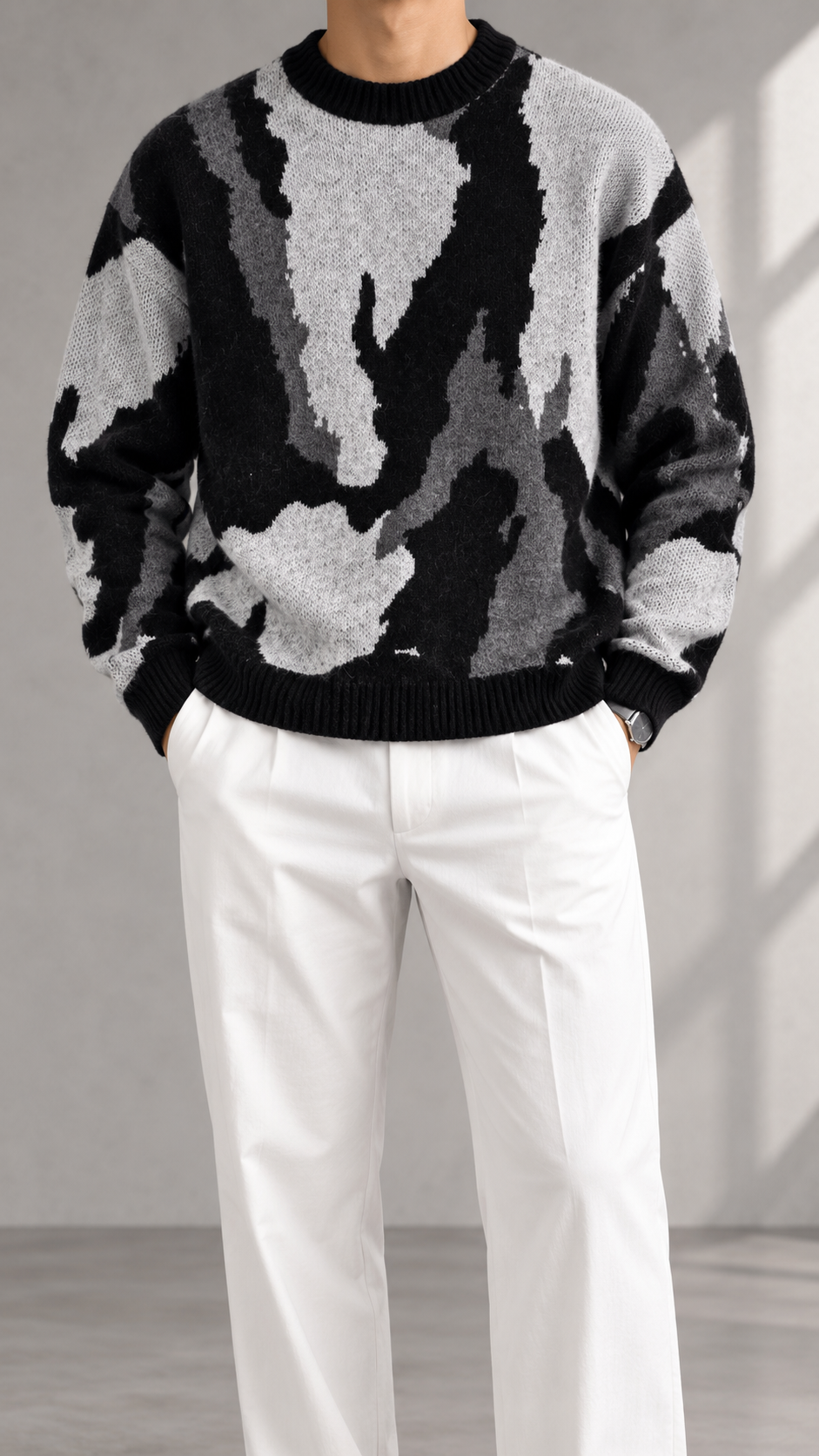 Oversize Siyah Kamuflaj Desenli Triko Kazak 5119