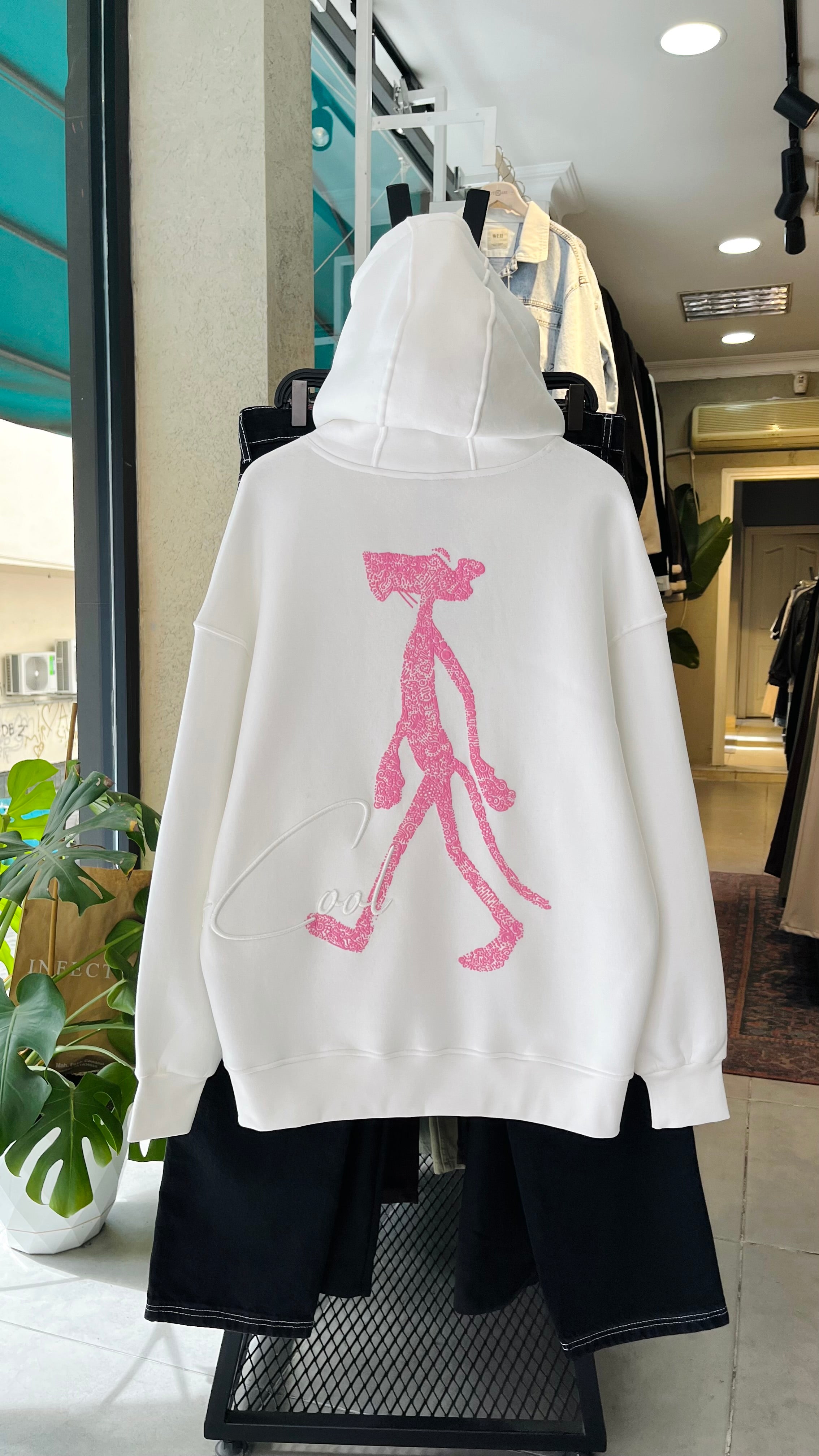 Oversize Pink Panter Sırt Baskılı Beyaz Kapüşonlu Sweatshirt 7023