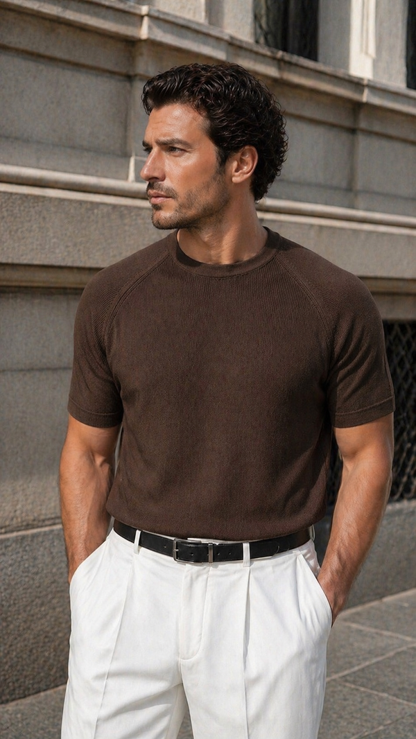 Regular Triko Reglan Kollu Kahverengi Tshirt 9351