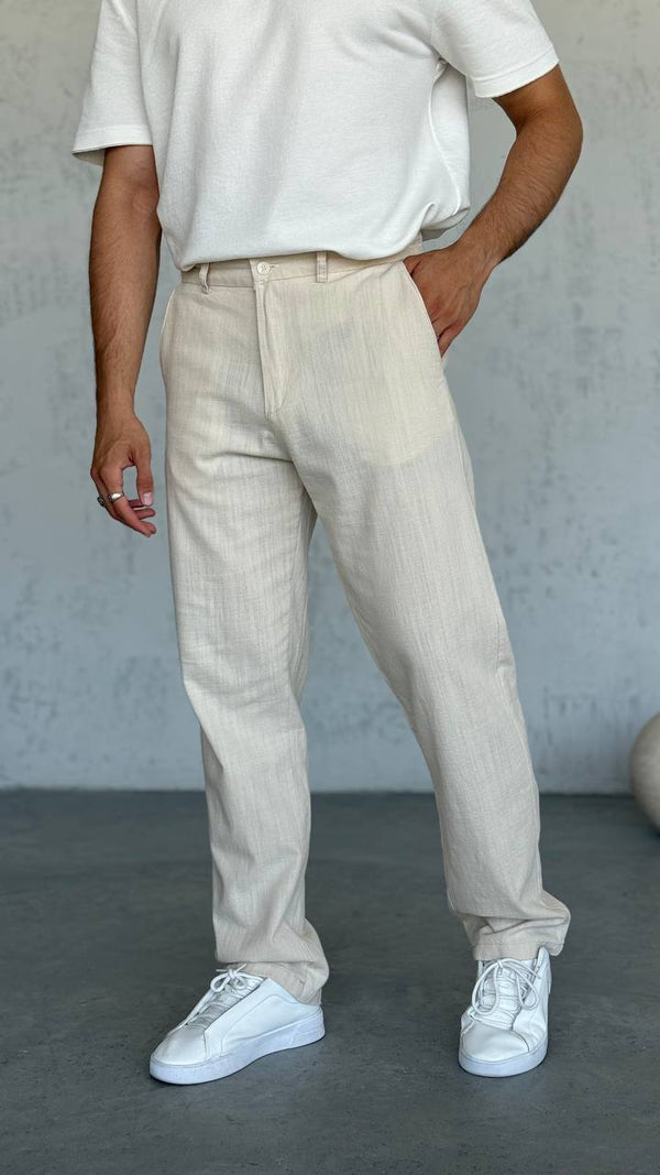 Erkek Baggy Keten Pantolon – Bej 6133