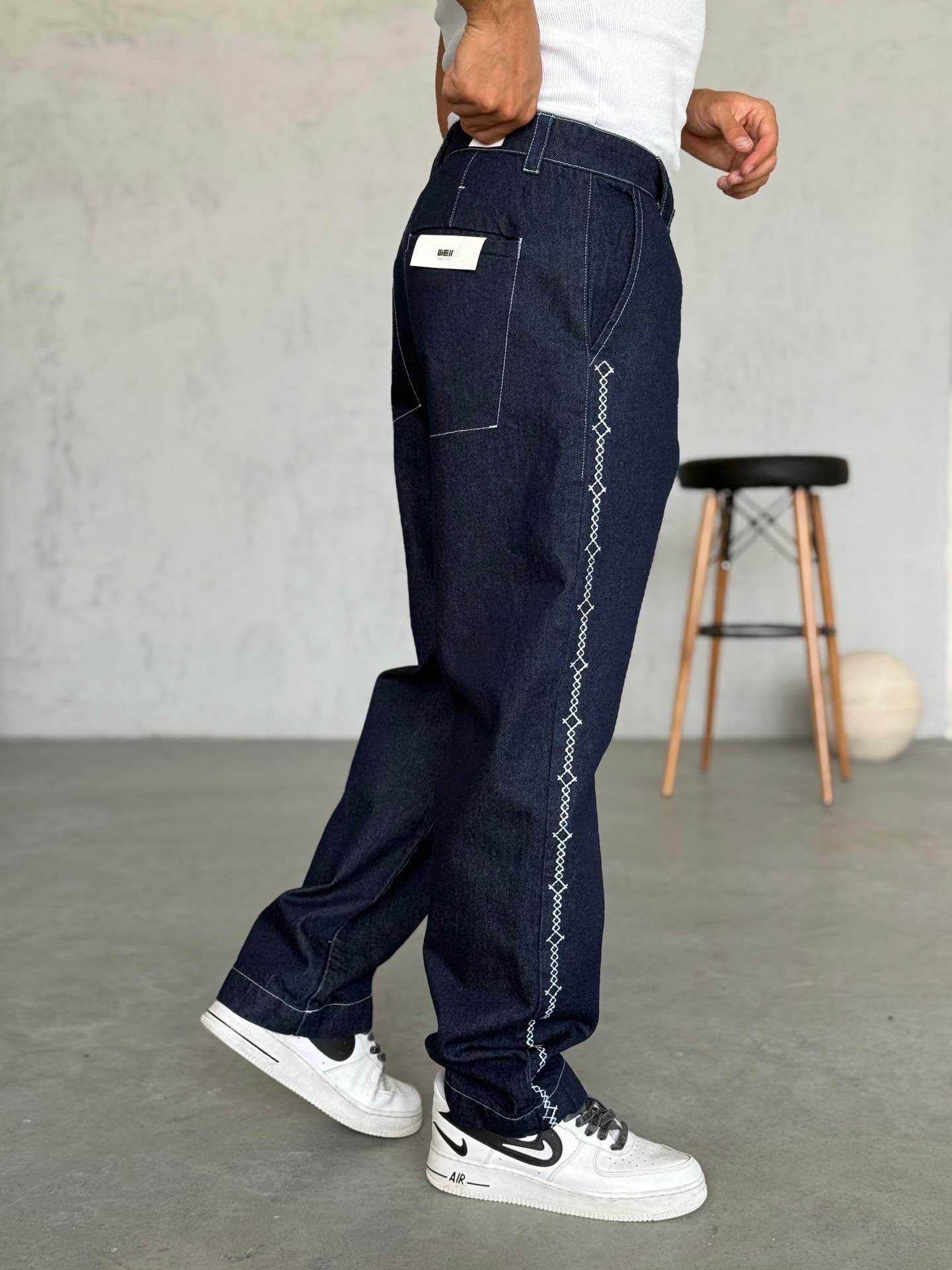 Baggy Lacivert Nakış Detaylı Jean 3319
