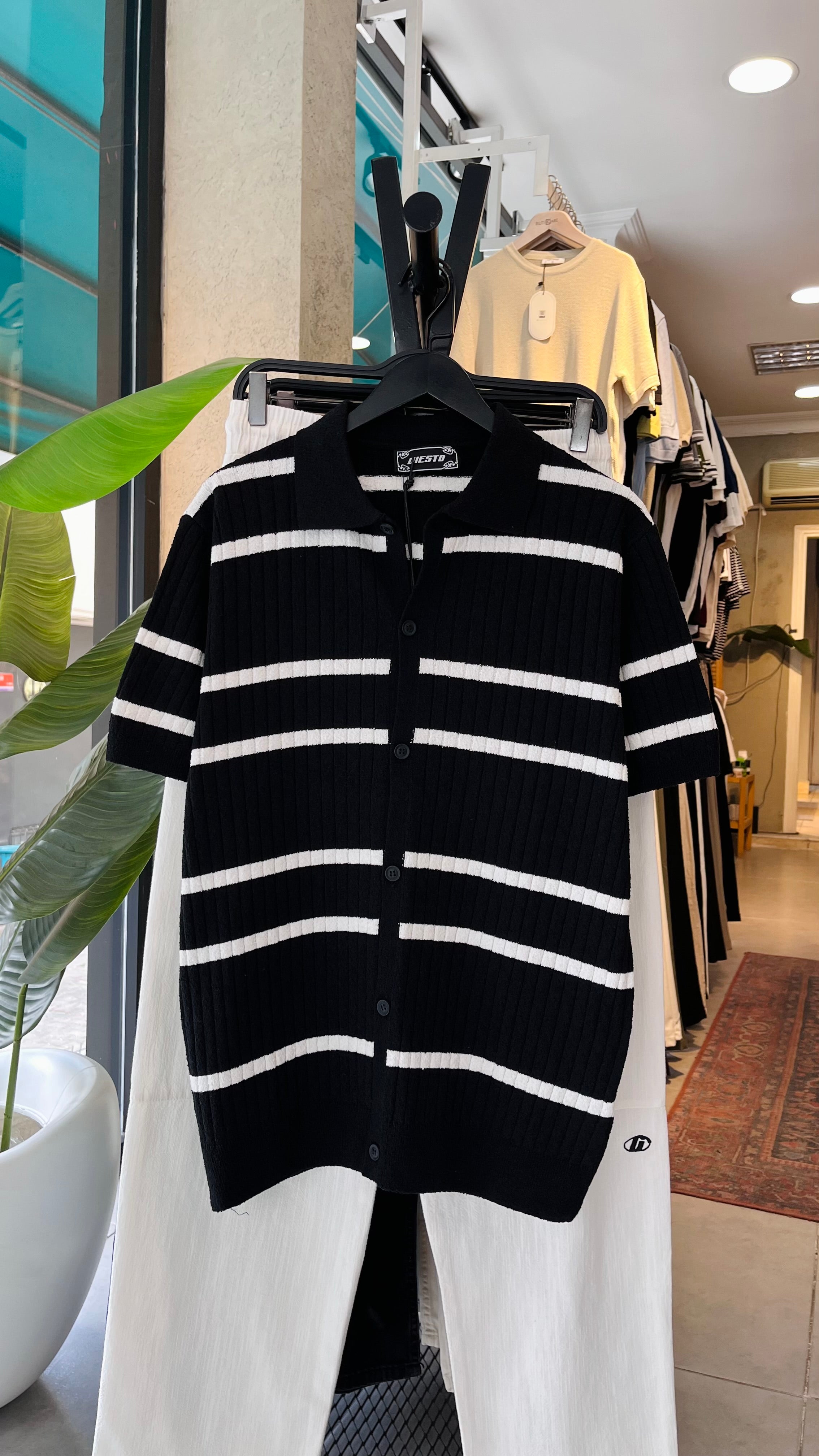 Beyaz Çizgili Kısa Kollu Siyah Triko Tshirt 5506