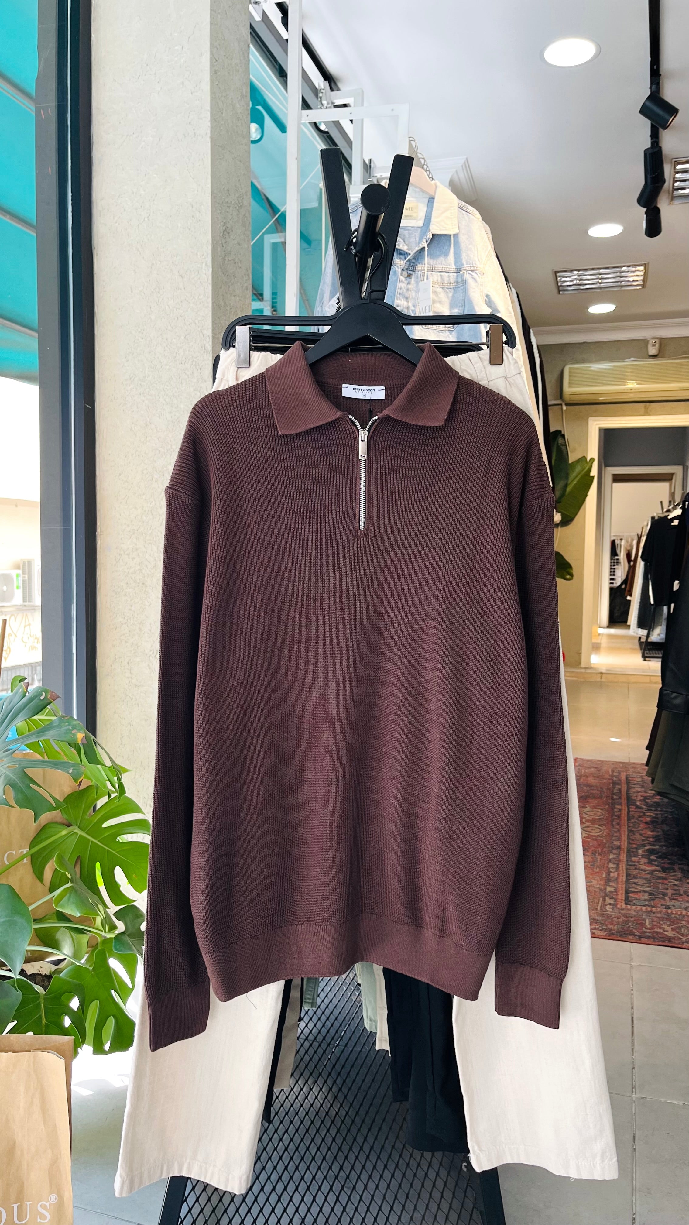 Oversize Kahverengi Yakalı Fermuarlı Triko Kazak 7019