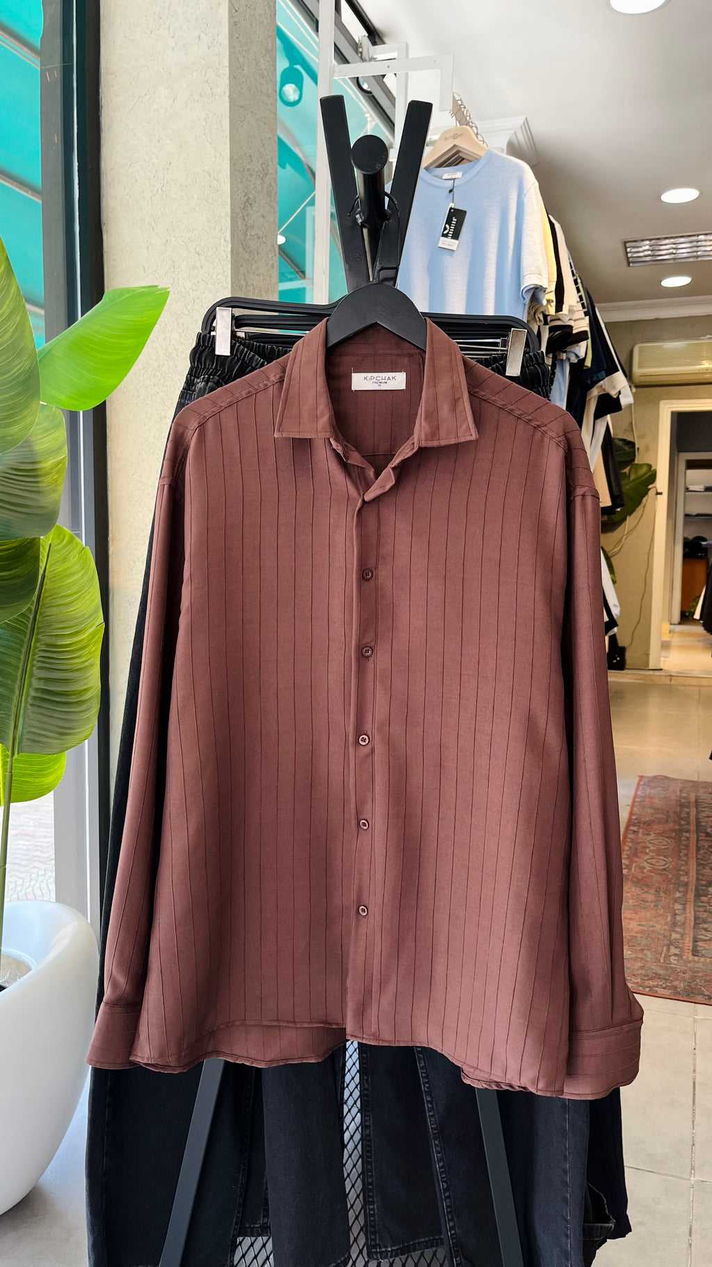Oversize Kahverengi Kendiliğinden Desenli Gömlek 5473