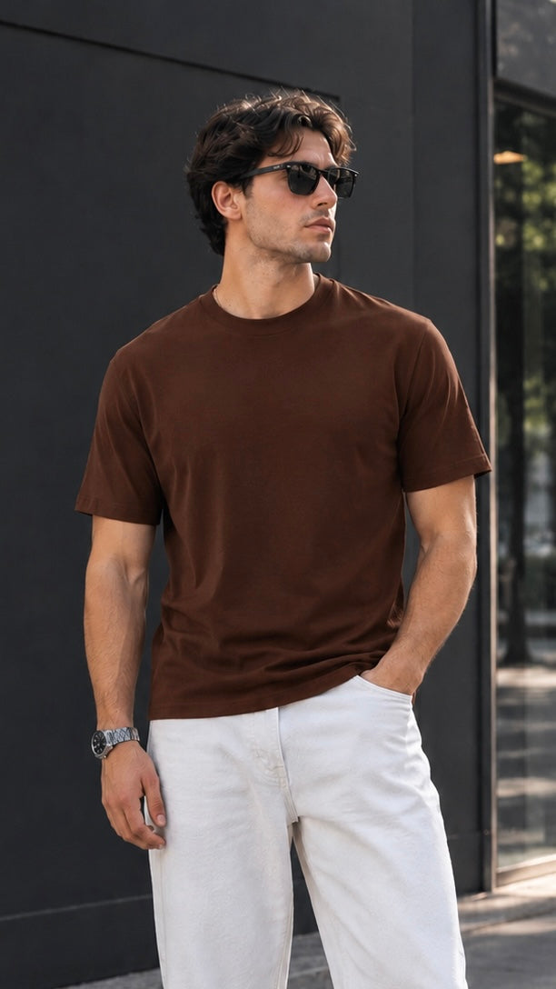 Kahverengi Likralı Basic Tshirt 9444