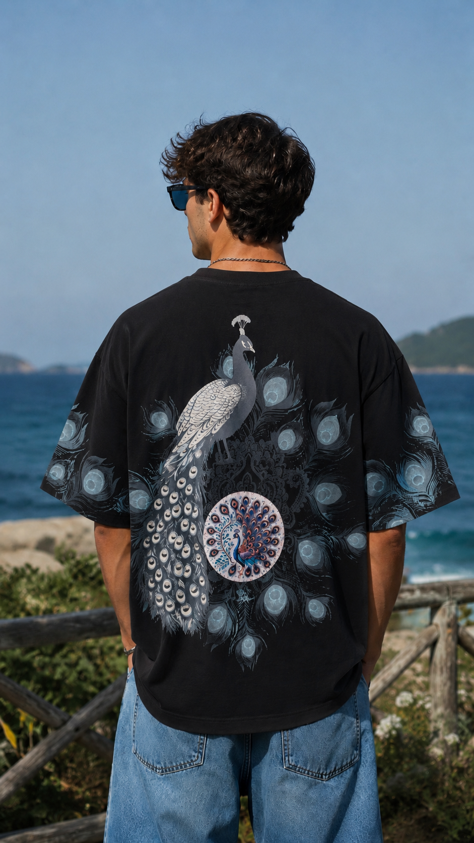 Oversize Siyah Sırt Baskılı ve Tavus Kuşu Pathcli Tshirt 9427