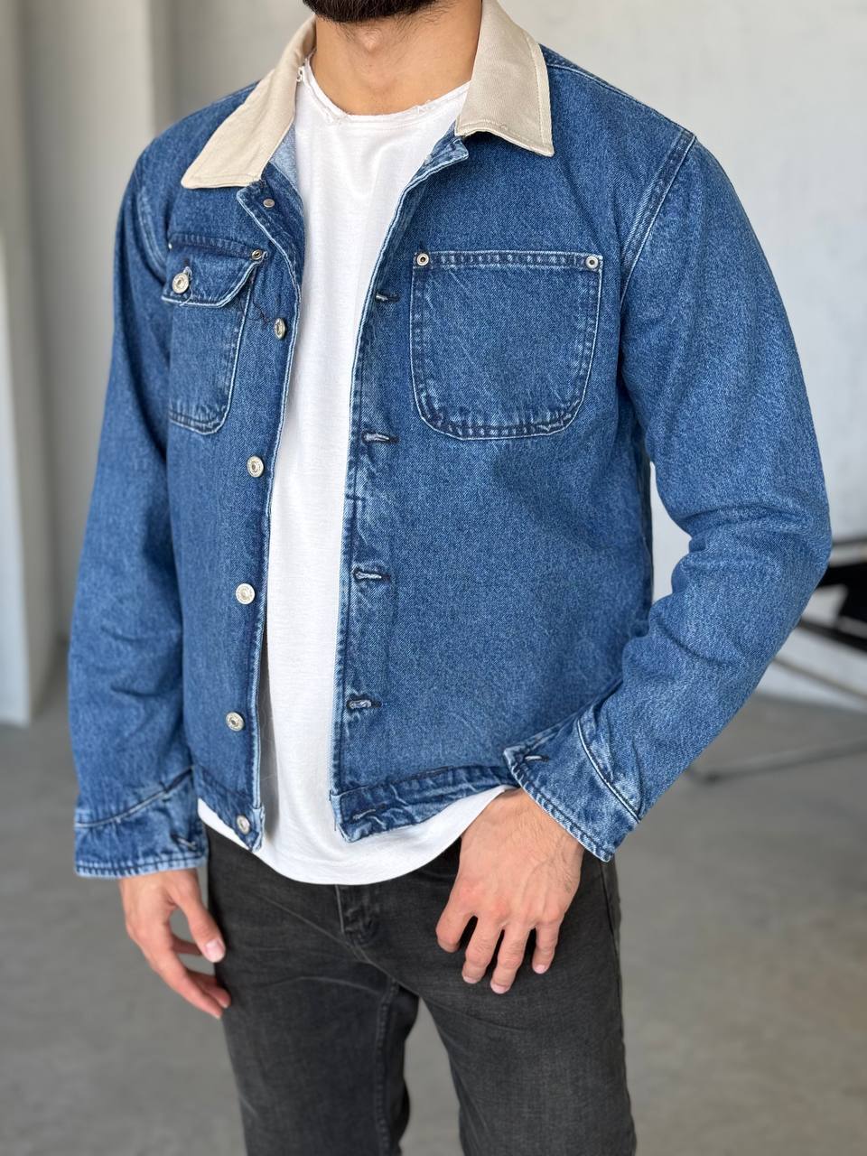 Yakası Bej Kot Ceket Mavi 2036