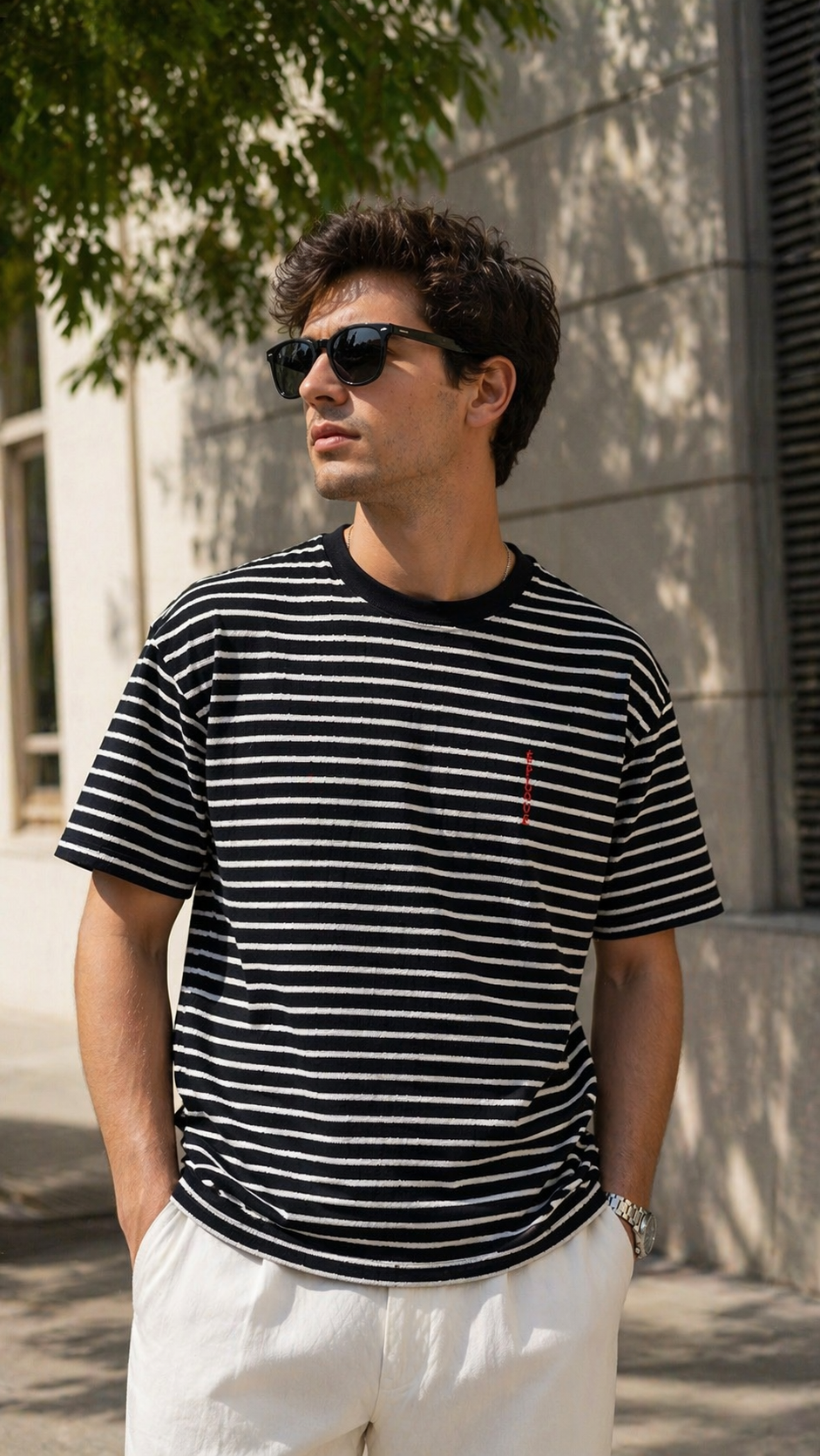 Oversize Lacivert Beyaz Çizgili Tshirt 9398