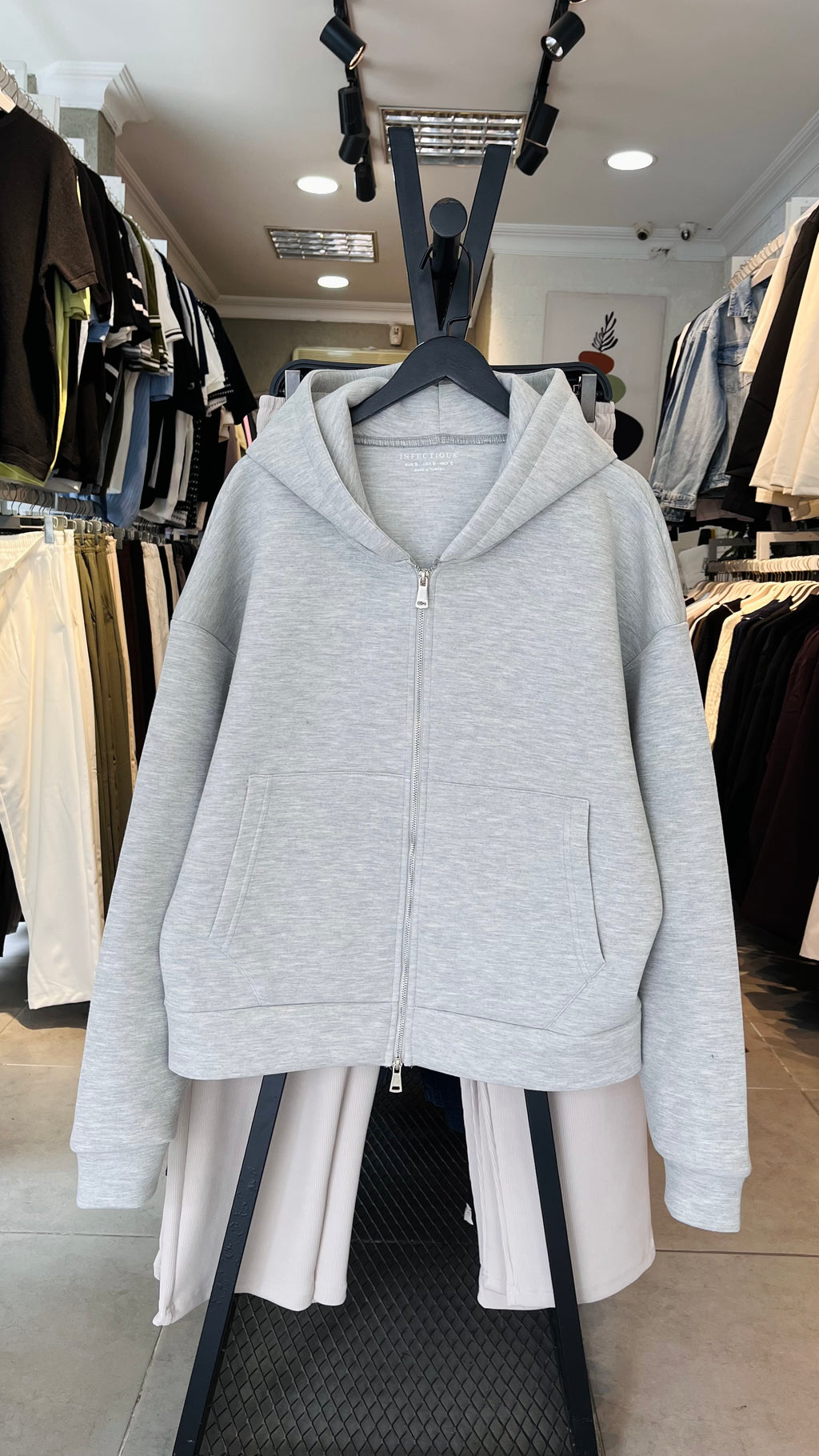 Oversize Panda Kumaş Çift Fermuarlı Kapüşonlu Gri Sweatshirt 5109