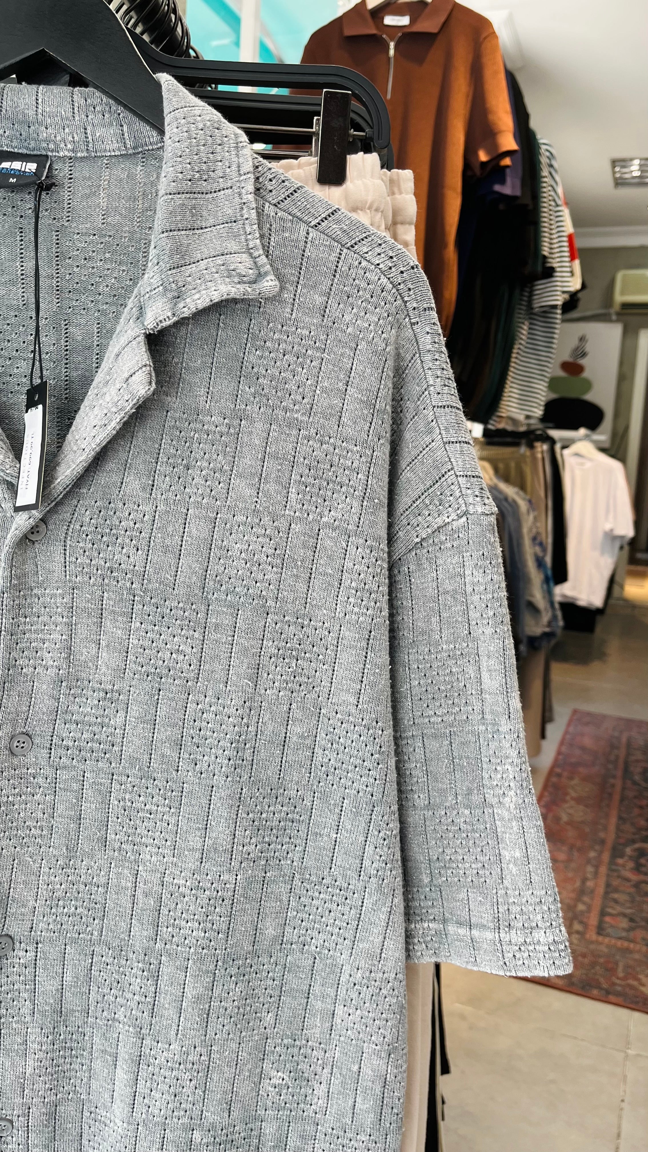Oversize Gri Apaş Yaka Yıkamalı Kumaş Gömlek - Gri 5400