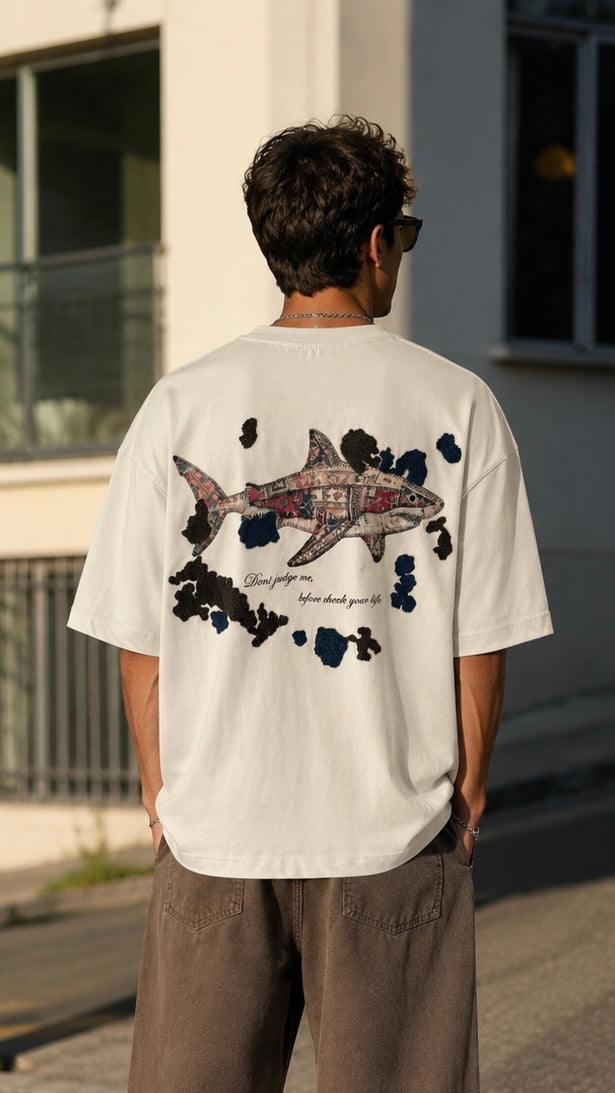 Oversize Bej Sırt Patchli ve Nakışlı Tshirt 9445